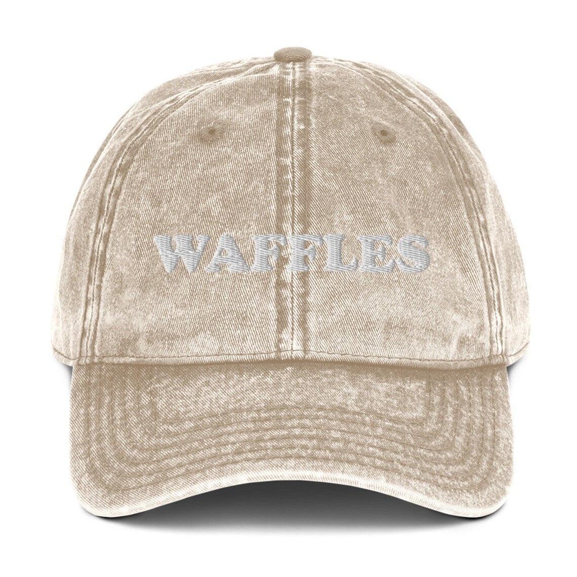 Tan waffles dad hat - The Waffles Dad Hat! This funny food dad hat is the perfect everyday accessory to show off your love of waffles. Wear the unique foodie dad hat for any occasion or give it as a stylish weird gift for a waffle lover. Show off your love of waffles and favorite foods in our vintage style weird dad hats and clothing. 