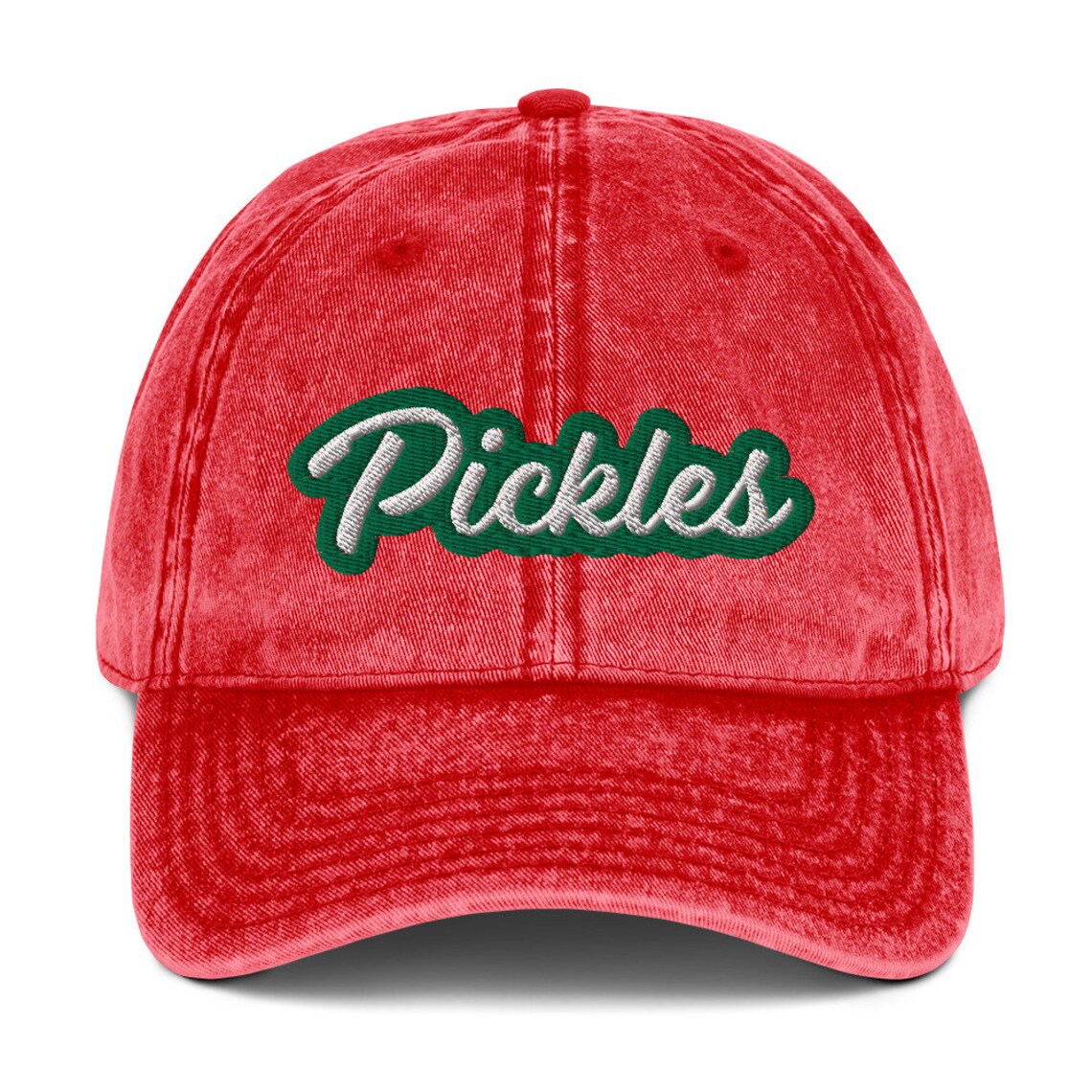 Red dad hat for pickle lover - The Pickles Dad Hat! A comfortable and unique dad hat for pickle lovers. This vintage-style hat is the perfect statement hat for pickle enthusiasts. If you're a pickle lover or a fan of funny food hats, this weird dad hat is not only is it a stylish choice for everyday wear, but an excellent gift for pickle lovers. 