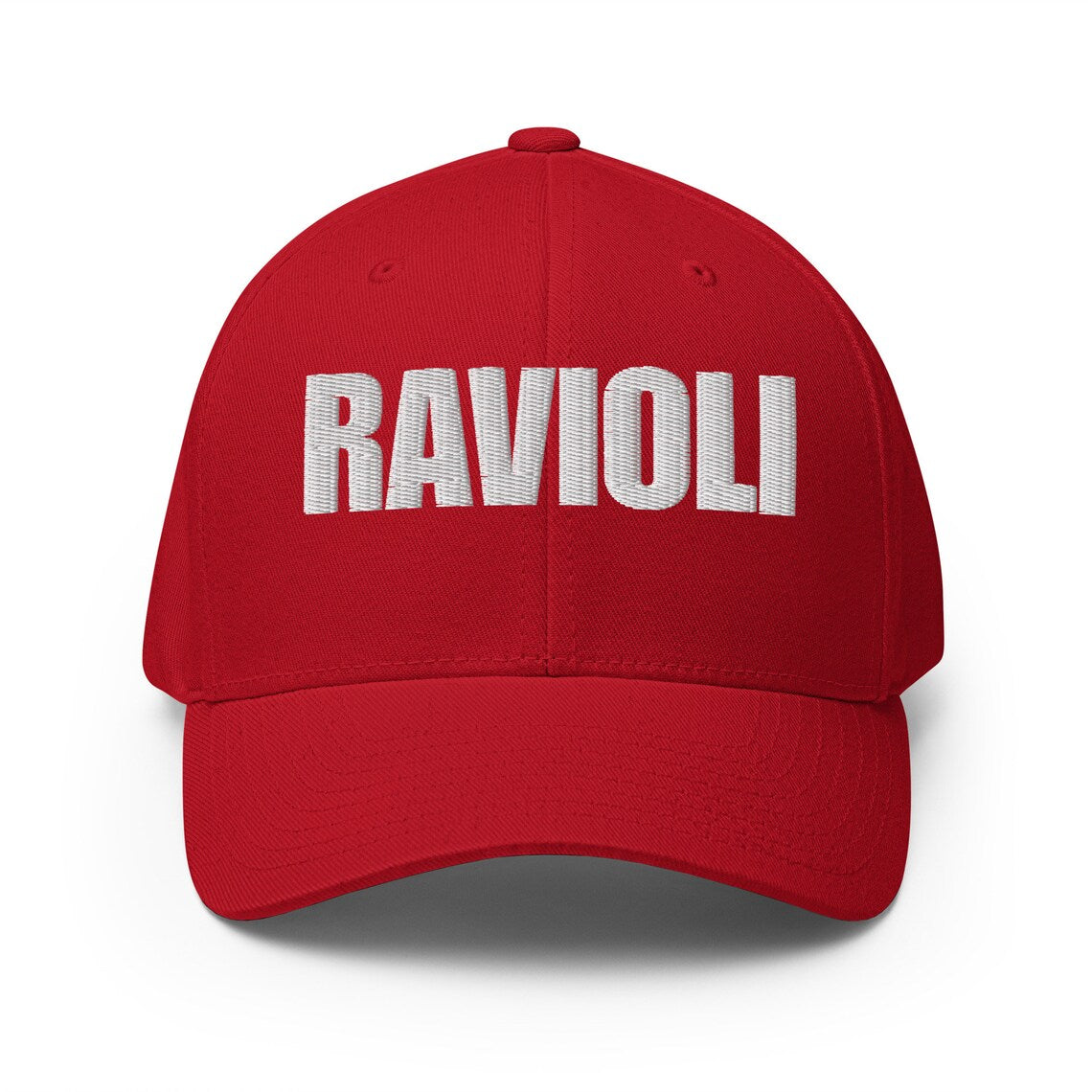 Red ravioli lover hat for pasta enthusiasts - This ravioli hat is just what every pasta lover needs. It's a funny foodie hat with a unique embroidered design for ravioli enthusiasts. Eat your favorite ravioli in style and make a statement in this comfortable and unique funny pasta lover hat for foodies. It's also the perfect funny gift for ravioli lovers and foodies of all kinds. 