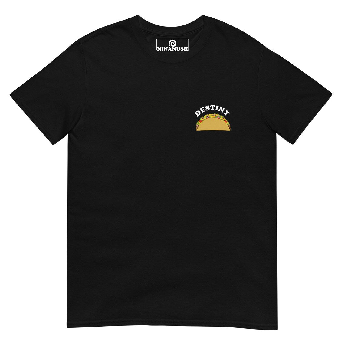 Funny black t-shirt for foodies - This funny taco and raccoon lover t-shirt is totally unique and an eye catching design that's sure to make conversation. Eat tacos in style in this funky foodie graphic tee or give it as a funny gift for raccoon lovers. Stay weird in this original design unisex shirt with a raccoon eating a taco and the word destiny. 