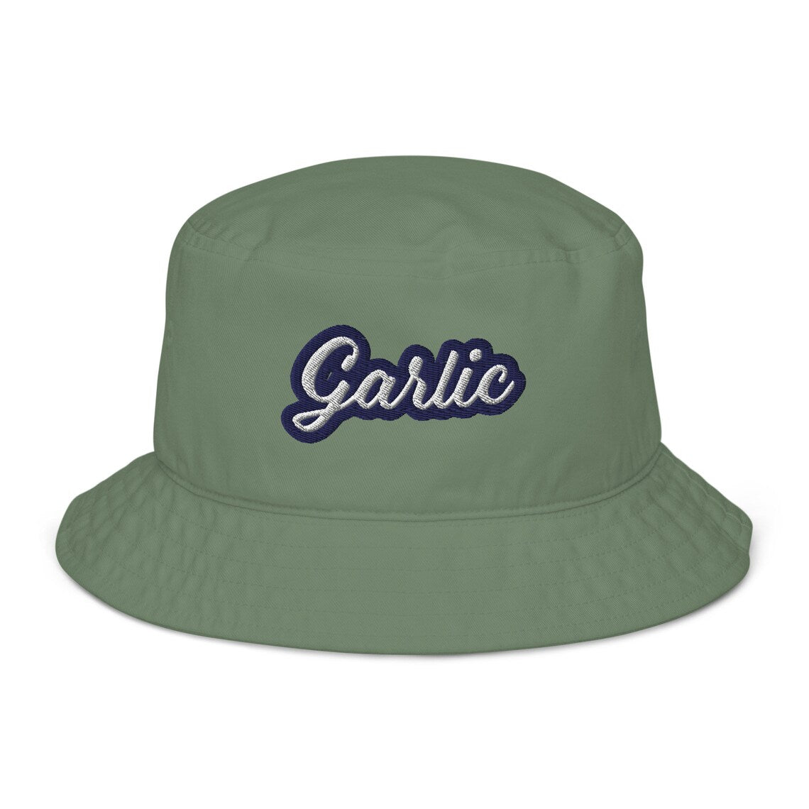 Green bucket hat with funny garlic embroidery - The funny foodie bucket hat! Made from organic cotton and featuring unique embroidery, this trendy foodie bucket hat is a must-have for garlic enthusiasts. Celebrate your individuality while making a bold statement about your passion for garlic. Eat garlic in style and turn heads with this perfect hat for all garlic lovers!