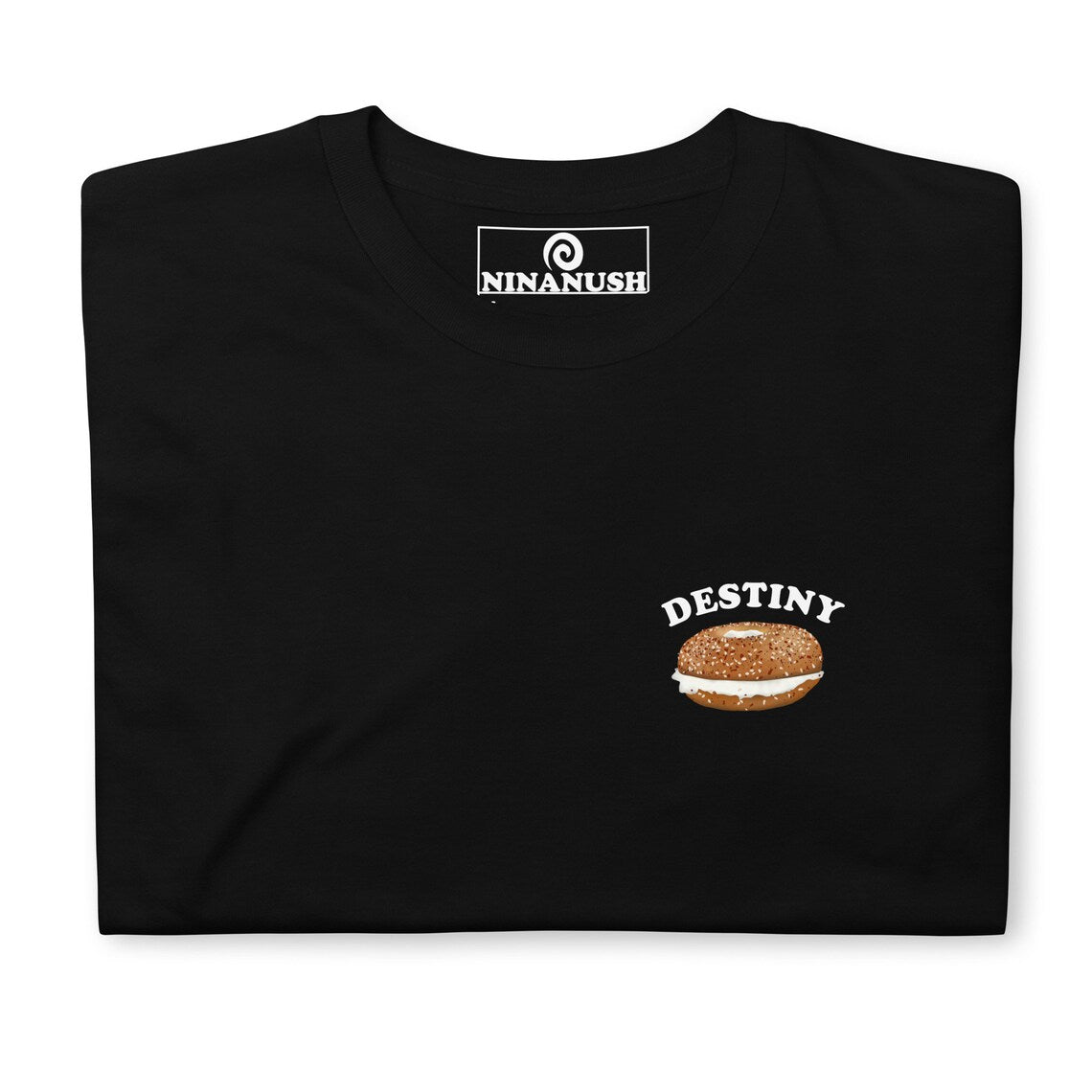 Say I love bagels in this black bagel lover shirt - Make a statement as a bagel-loving foodie with our funny "Destiny Bagel" T-shirt. This unique graphic tee features a bagel and the word "destiny." Whether you're eating bagels or expressing your passion for food, this random and weird shirt is just what you need. It also makes a fantastic gift for fellow bagel enthusiasts. 