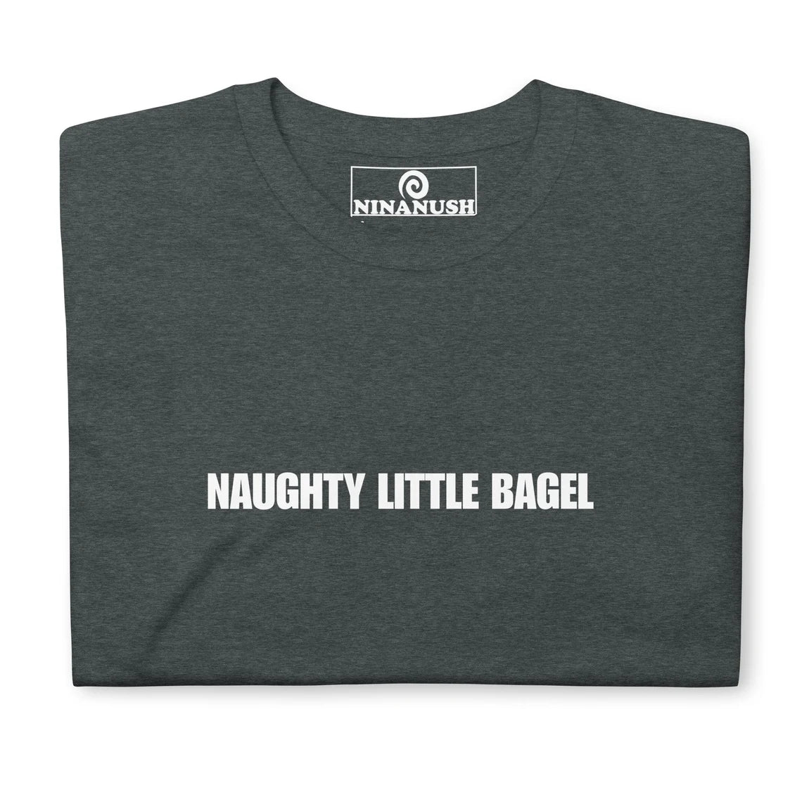 Dark gray funny foodie t-shirt for bagel lovers - Unique and funky naughty little bagel t-shirt. Make a statement and eat bagels in style in this funny foodie t-shirt for bagel lovers. It's soft, comfortable and made just for you or the naughty little bagel in your life. Give it as a funny gift for bagel enthusiasts or wear it as weird everyday foodie streetwear.