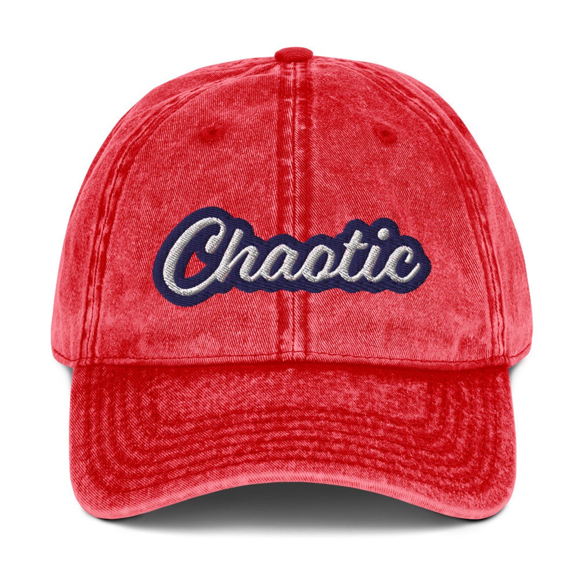 Unique red dad hat - This unique dad hat is the ultimate accessory for those who embrace the chaos! It's a funny dad hat with a washed out denim vintage style look and a unique embroidery. Wear it as an fashionable everyday hat or give it as a gift for wild friends. Add a little personality to your look with our funny clothing and accessories. 