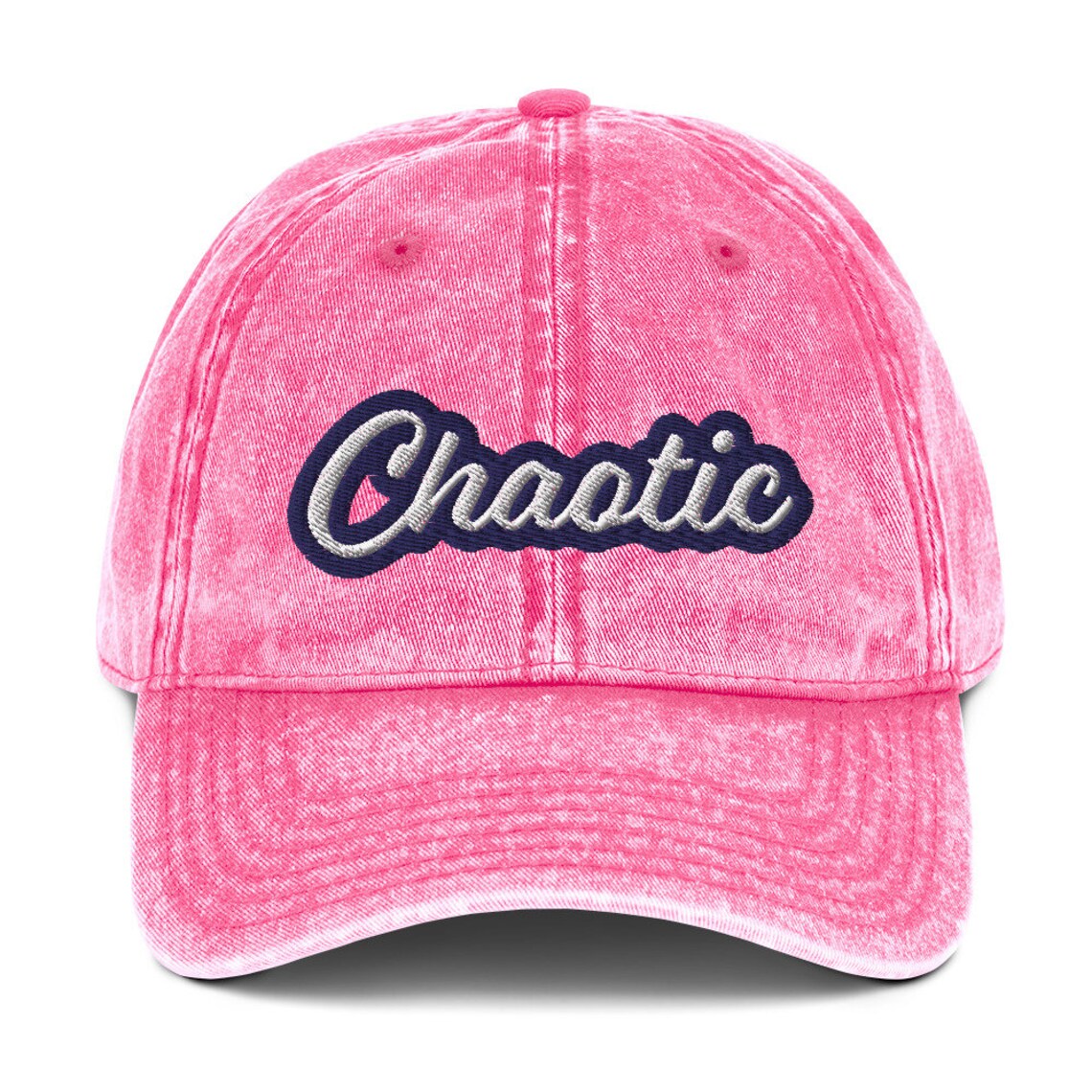 Pink Wild child dad hat for chaos lovers - This unique dad hat is the ultimate accessory for those who embrace the chaos! It's a funny dad hat with a washed out denim vintage style look and a unique embroidery. Wear it as an fashionable everyday hat or give it as a gift for wild friends. Add a little personality to your look with our funny clothing and accessories. 