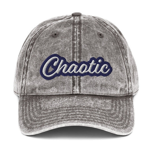 Say wild in this gray chaotic dad hat - This unique dad hat is the ultimate accessory for those who embrace the chaos! It's a funny dad hat with a washed out denim vintage style look and a unique embroidery. Wear it as an fashionable everyday hat or give it as a gift for wild friends. Add a little personality to your look with our funny clothing and accessories. 