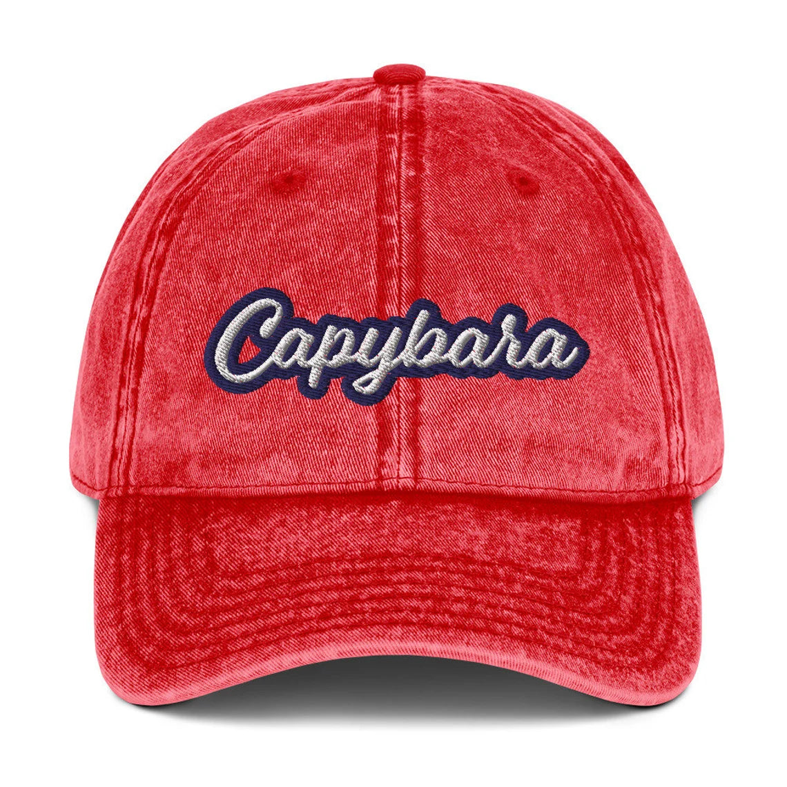 Bright red capybara dad hat - A Capybara Dad Hat that's trendy and colorful with a unique embroidery. The perfect funny gift for Capybara lovers or unique hat for animal enthusiasts of all kinds. It's a comfortable everyday hat, with an adjustable closure and funky vintage style. Stay weird and make a statement in this funny capybara dad hat.