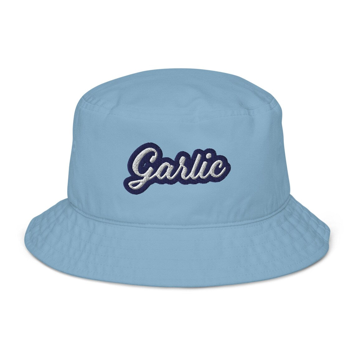 Funny blue bucket hat for foodies and garlic lovers - The funny foodie bucket hat! Made from organic cotton and featuring unique embroidery, this trendy foodie bucket hat is a must-have for garlic enthusiasts. Celebrate your individuality while making a bold statement about your passion for garlic. Eat garlic in style and turn heads with this perfect hat for all garlic lovers!