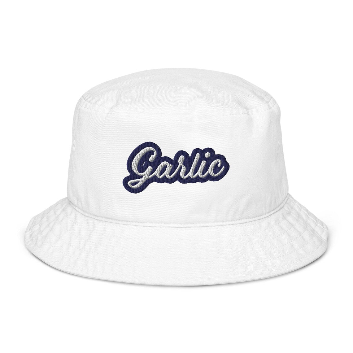 White embroidered bucket hat for garlic lovers - The funny foodie bucket hat! Made from organic cotton and featuring unique embroidery, this trendy foodie bucket hat is a must-have for garlic enthusiasts. Celebrate your individuality while making a bold statement about your passion for garlic. Eat garlic in style and turn heads with this perfect hat for all garlic lovers!