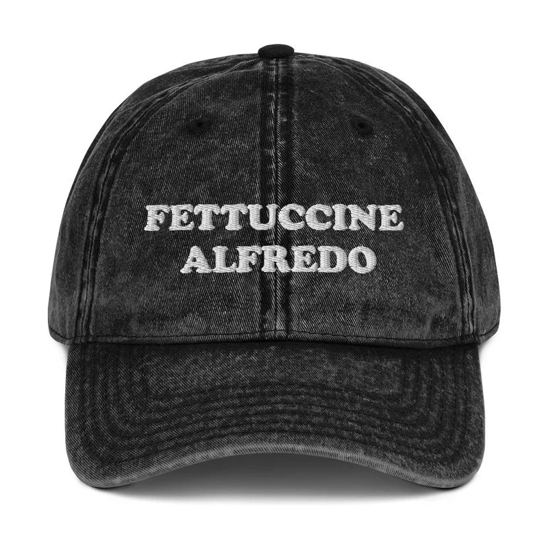 Black Fettuccine Alfredo Dad Hat from Nina's Funky Shop by ninanush - Do you love fettuccine Alfredo? Looking funny foodie gift? Our Fettuccine Alfredo Hat is just what you need. Eat your favorite fettuccine and add a little personality to your everyday style. This embroidered fettuccine Alfredo dad hat for pasta enthusiasts was designed by Nina. It's a funny foodie hat, made just for you.