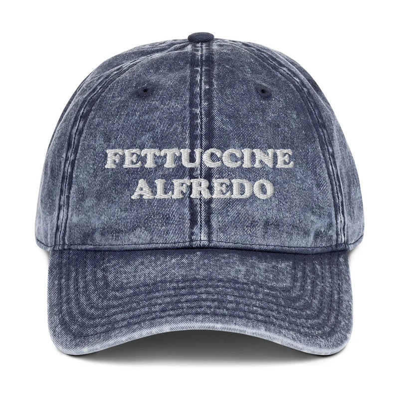 Blue Fettuccine Alfredo Dad Hat from Nina's Funky Shop by ninanush - Do you love fettuccine Alfredo? Looking funny foodie gift? Our Fettuccine Alfredo Hat is just what you need. Eat your favorite fettuccine and add a little personality to your everyday style. This embroidered fettuccine Alfredo dad hat for pasta enthusiasts was designed by Nina. It's a funny foodie hat, made just for you.