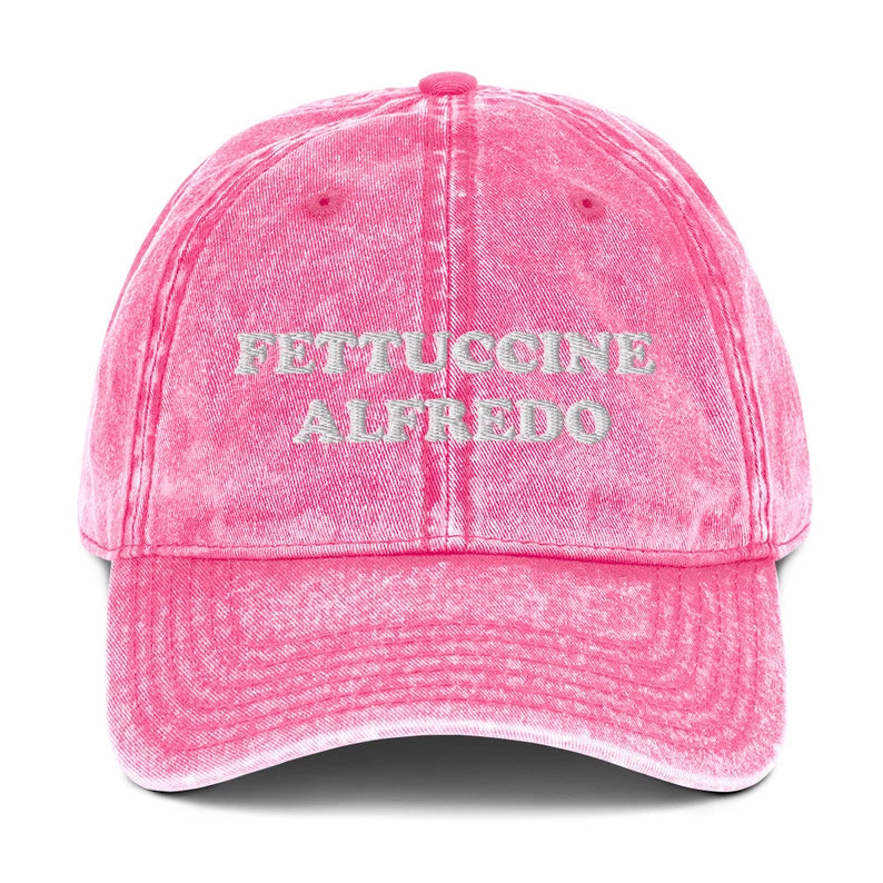 Pink Fettuccine Alfredo Dad Hat from Nina's Funky Shop by ninanush - Do you love fettuccine Alfredo? Looking funny foodie gift? Our Fettuccine Alfredo Hat is just what you need. Eat your favorite fettuccine and add a little personality to your everyday style. This embroidered fettuccine Alfredo dad hat for pasta enthusiasts was designed by Nina. It's a funny foodie hat, made just for you.