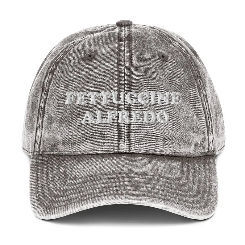 Gray Fettuccine Alfredo Dad Hat from Nina's Funky Shop by ninanush - Do you love fettuccine Alfredo? Looking funny foodie gift? Our Fettuccine Alfredo Hat is just what you need. Eat your favorite fettuccine and add a little personality to your everyday style. This embroidered fettuccine Alfredo dad hat for pasta enthusiasts was designed by Nina. It's a funny foodie hat, made just for you.