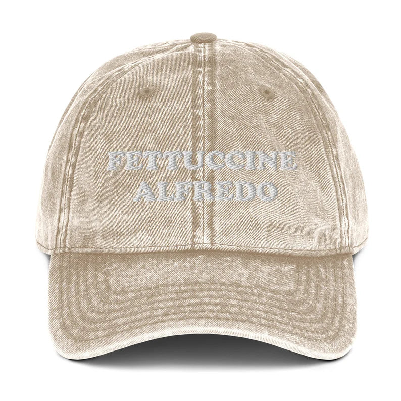 Beige Fettuccine Alfredo Dad Hat from Nina's Funky Shop by ninanush - Do you love fettuccine Alfredo? Looking funny foodie gift? Our Fettuccine Alfredo Hat is just what you need. Eat your favorite fettuccine and add a little personality to your everyday style. This embroidered fettuccine Alfredo dad hat for pasta enthusiasts was designed by Nina. It's a funny foodie hat, made just for you.