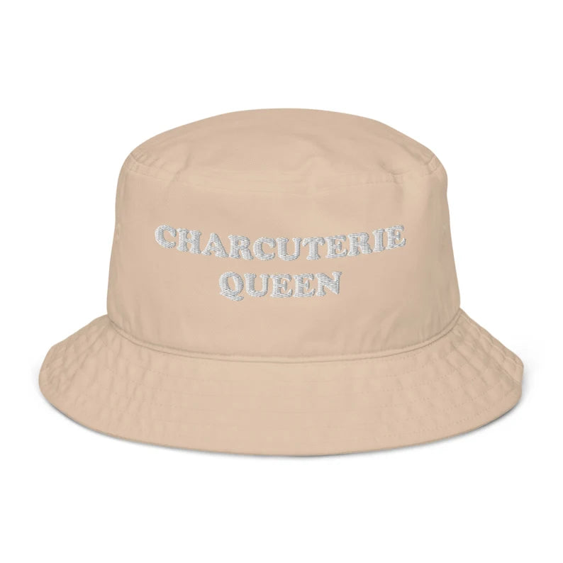 Charcuterie lover bucket hat - An embroidered charcuterie bucket hat for foodies and charcuterie enthusiasts. It's a unique bucket hat that's organic cotton, funny, comfortable and made just for you. Make a statement white you build your perfect charcuterie board or give it as an eco friendly funny gift for charcuterie lovers and queens. 