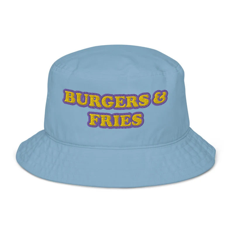 Blue burger lover bucket hat - This Burgers & Fries Eco Friendly Bucket Hat is the perfect funny foodie accessory for any burger-lover. With a mix of weird and trendy, this funky hat is made from organic cotton, it's comfortable, stylish and made just for you. Wear it as an everyday funny summer hat or give it as a weird gift for burger enthusiasts.