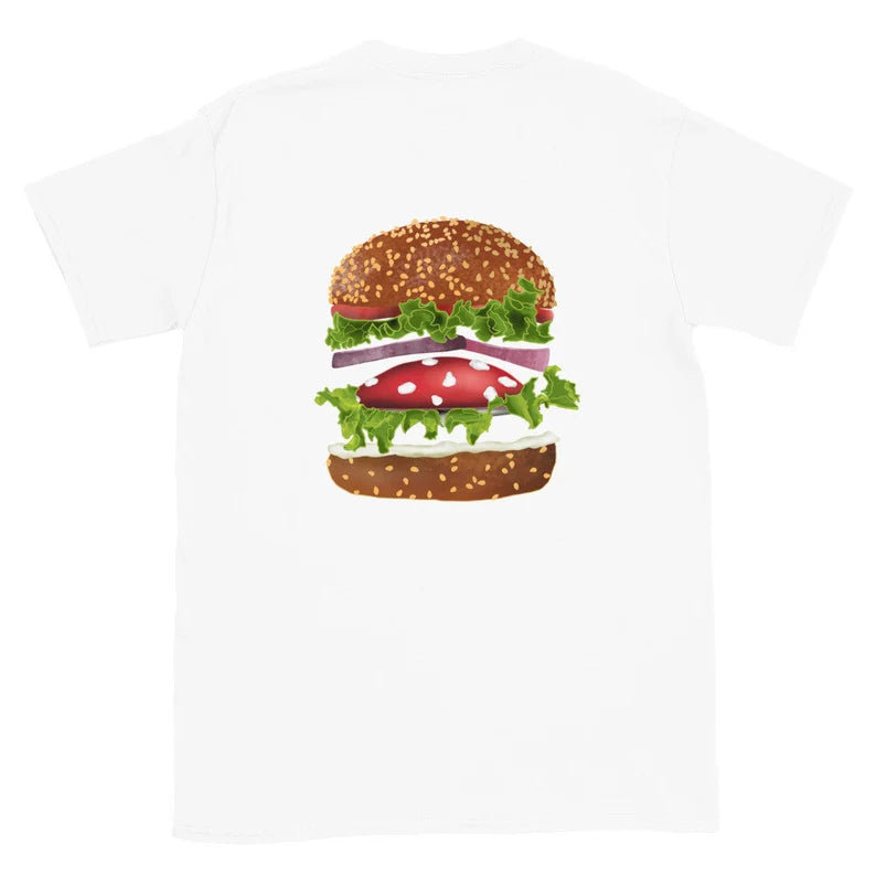 White weird foodie shirt for burger lovers - A mushroom burger t-shirt that's colorful, totally unique and made just for you! The funky foodie design is hand drawn and printed on a classic t-shirt. Eat your favorite veggie burger in style with a shrooms and burger lover t-shirt or give it as a funny gift to your favorite mushroom burger enthusiast and foodies of all kinds. 