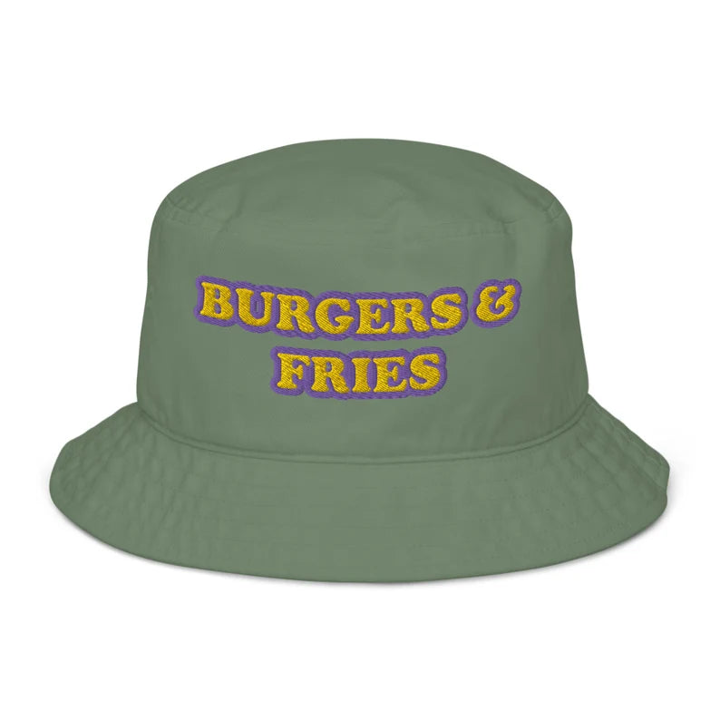 Green bucket hat for foodies and burger lovers - This Burgers & Fries Eco Friendly Bucket Hat is the perfect funny foodie accessory for any burger-lover. With a mix of weird and trendy, this funky hat is made from organic cotton, it's comfortable, stylish and made just for you. Wear it as an everyday funny summer hat or give it as a weird gift for burger enthusiasts.