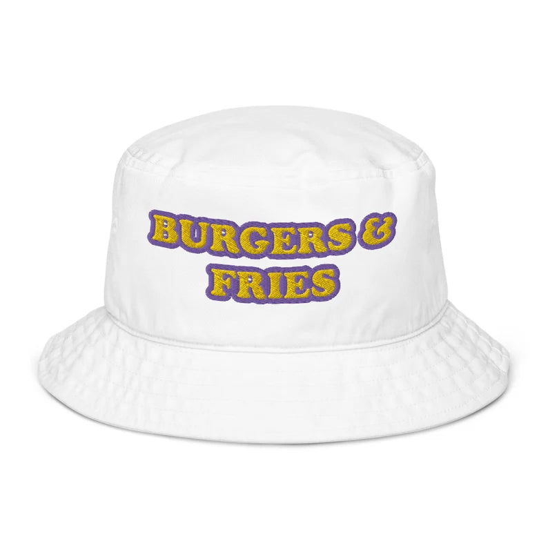 Purple and yellow embroidered white bucket hat for burger lover - This Burgers & Fries Eco Friendly Bucket Hat is the perfect funny foodie accessory for any burger-lover. With a mix of weird and trendy, this funky hat is made from organic cotton, it's comfortable, stylish and made just for you. Wear it as an everyday funny summer hat or give it as a weird gift for burger enthusiasts.