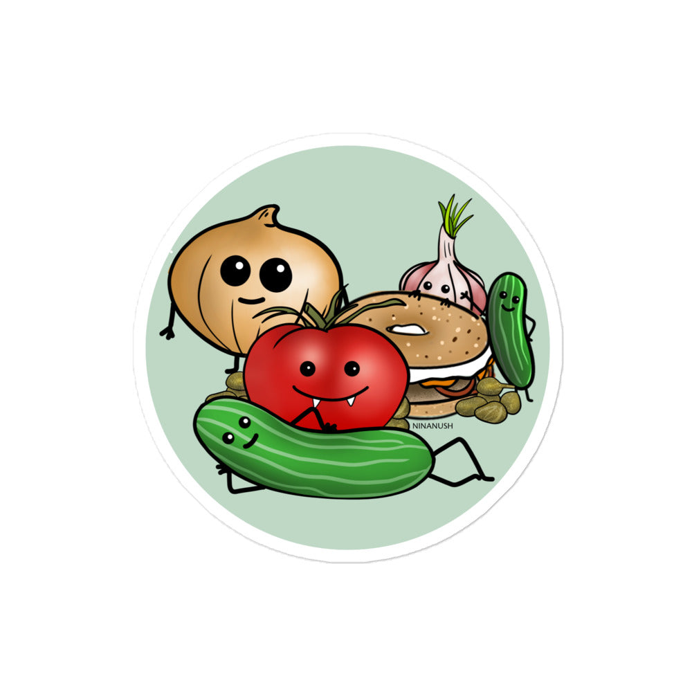 4x4 sticker with happy veggies and an everything bagel from Nina's Funky Shop by ninanush - The Bagel and Friends Vinyl Sticker! Designed for veggie lovers and bagel enthusiasts, this cute veggie sticker has an everything bagel and friends. It's an original hand drawn design by Nina. This cute and colorful sticker is the perfect addition to your sticker collection or gift for a bagel lover.