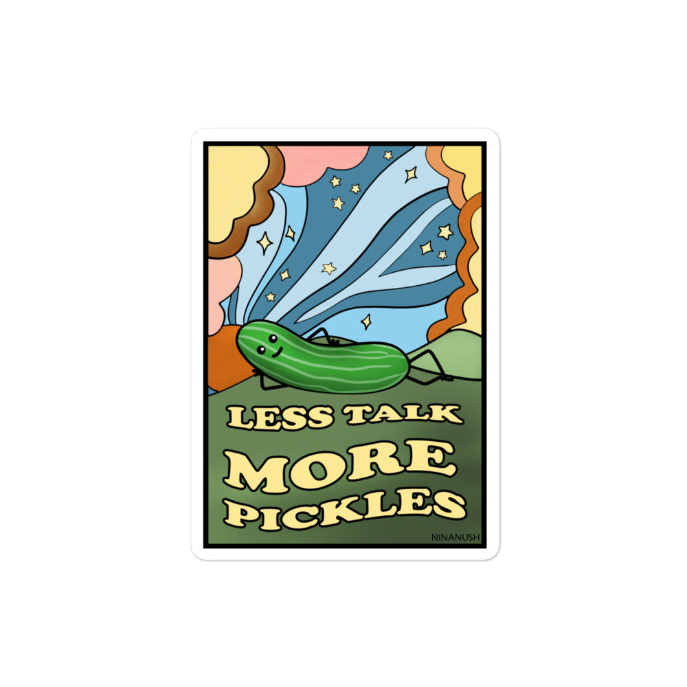 4x4 Funny pickle sticker from Nina's Funky Shop by ninanush - The Less Talk More Pickles Vinyl Sticker! Crafted for devoted pickle enthusiasts, this unique sticker is weird in the best way. It's an original hand drawn design by Nina and it's made just for you. This funky pickle sticker is the perfect addition to your quirky sticker collection or gift for a pickle lover.