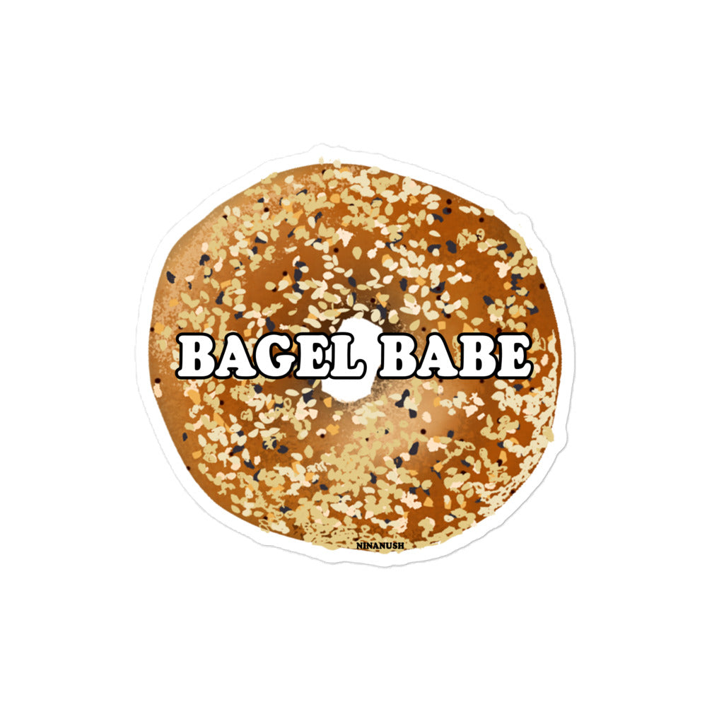 Bagel babe sticker from Nina's Funky Shop by ninanush - The everything bagel babe Vinyl Sticker for bagel enthusiasts. This bagel sticker features a totally unique everything bagel with the words bagel babe. It's an original hand drawn design and it's made just for you. This funky bagel sticker is perfect for your weird sticker collection or a funny gift for a bagel lover.