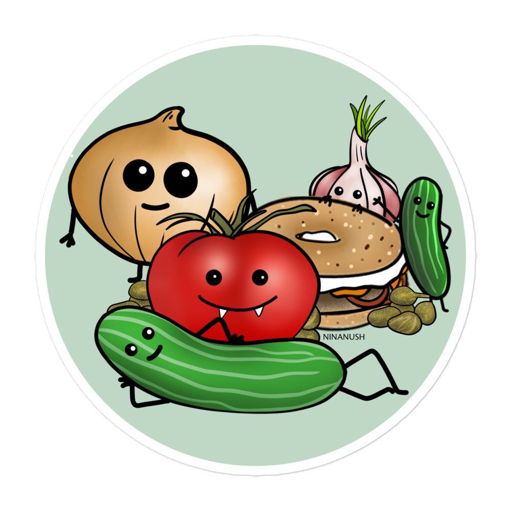 Happy veggies and bagel sticker from Nina's Funky Shop by ninanush - The Bagel and Friends Vinyl Sticker! Designed for veggie lovers and bagel enthusiasts, this cute veggie sticker has an everything bagel and friends. It's an original hand drawn design by Nina. This cute and colorful sticker is the perfect addition to your sticker collection or gift for a bagel lover. 