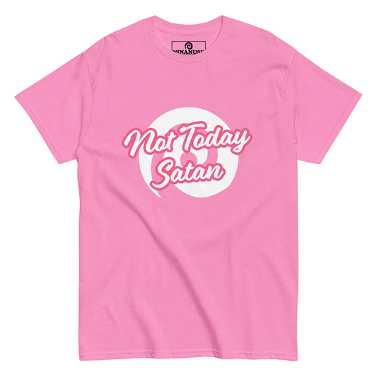 Pink not today satan t-shirt from Nina's Funky Shop by ninanush - "Not today Satan" This classic cotton t-shirt is comfortable with a structured streetwear style. It stands out and comes in a variety of colors with "Not Today Satan" printed in pink and white.