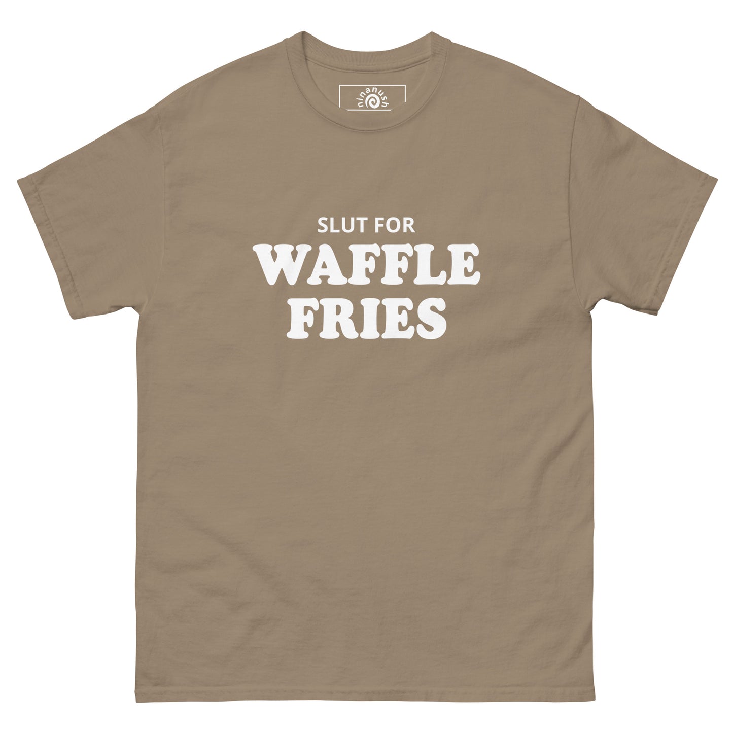 Savana Brown Slut for Waffle Fries T-shirt from Nina's Funky Shop by ninanush - Do you love waffle fries? Looking for a funny foodie gift? Our Waffle Fries T-shirt is soft, comfortable and just what you need. It's a structured unisex t-shirt with "Slut For Waffle Fries", expertly printed on the front. A funny foodie t-shirt for waffle fry enthusiasts and foodies of all kinds. Celebrate your favorite foods in our funky foodie apparel!