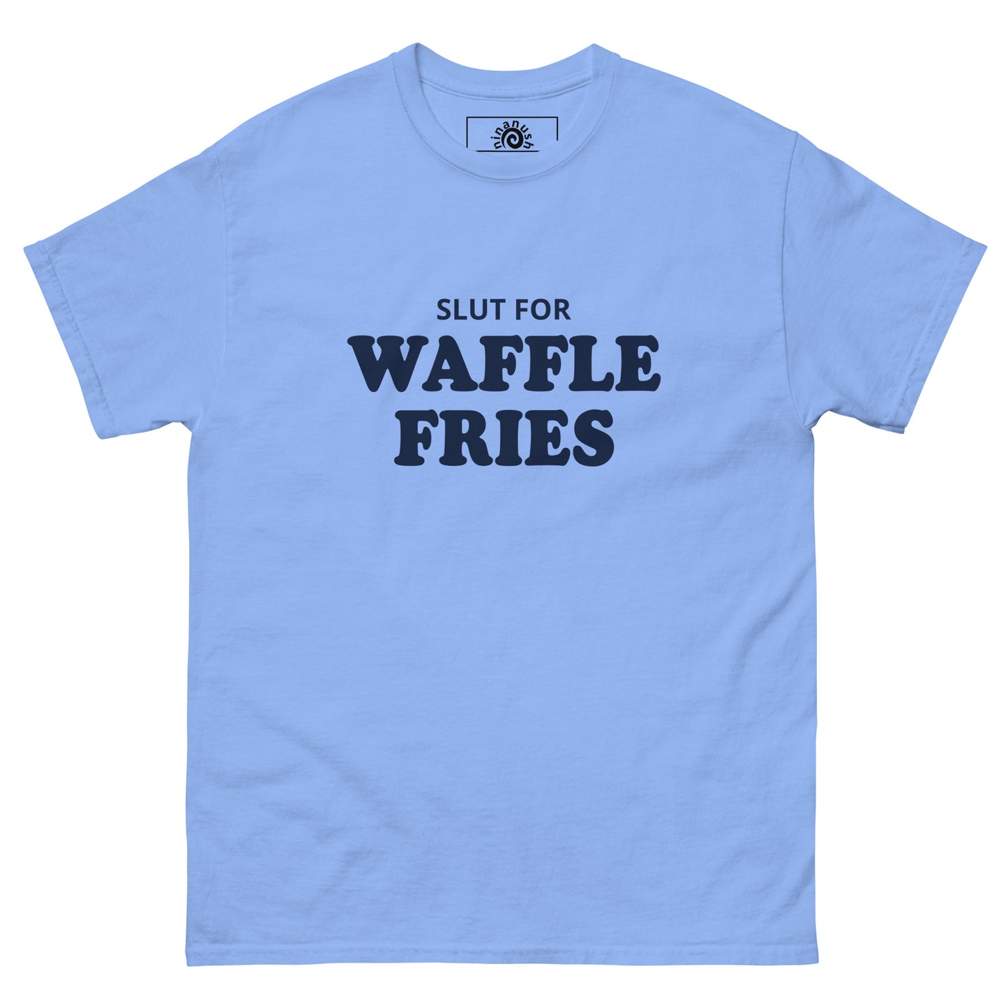 Carolina Blue Slut for Waffle Fries T-shirt from Nina's Funky Shop by ninanush - Do you love waffle fries? Looking for a funny foodie gift? Our Waffle Fries T-shirt is soft, comfortable and just what you need. It's a structured unisex t-shirt with "Slut For Waffle Fries", expertly printed on the front. A funny foodie t-shirt for waffle fry enthusiasts and foodies of all kinds. Celebrate your favorite foods in our funky foodie apparel!