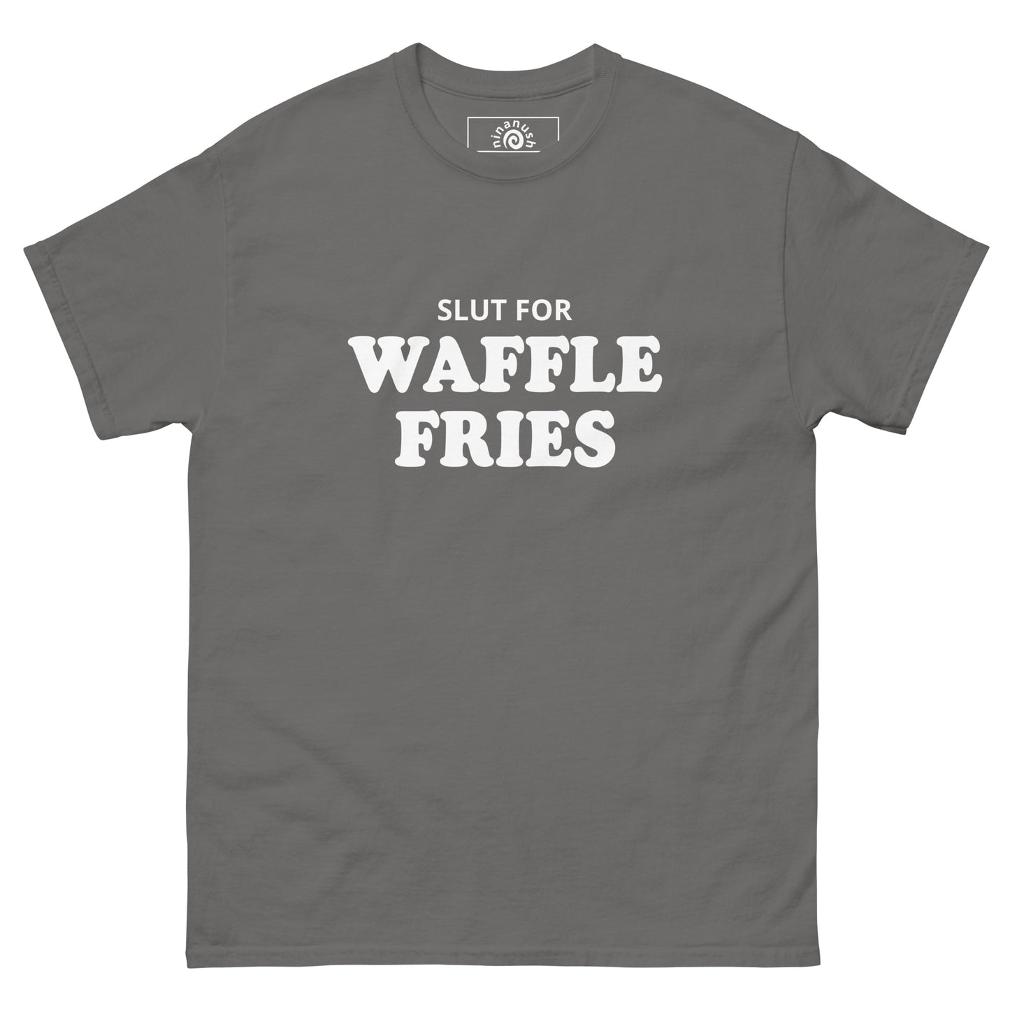 Gray Slut for Waffle Fries T-shirt from Nina's Funky Shop by ninanush - Do you love waffle fries? Looking for a funny foodie gift? Our Waffle Fries T-shirt is soft, comfortable and just what you need. It's a structured unisex t-shirt with "Slut For Waffle Fries", expertly printed on the front. A funny foodie t-shirt for waffle fry enthusiasts and foodies of all kinds. Celebrate your favorite foods in our funky foodie apparel!