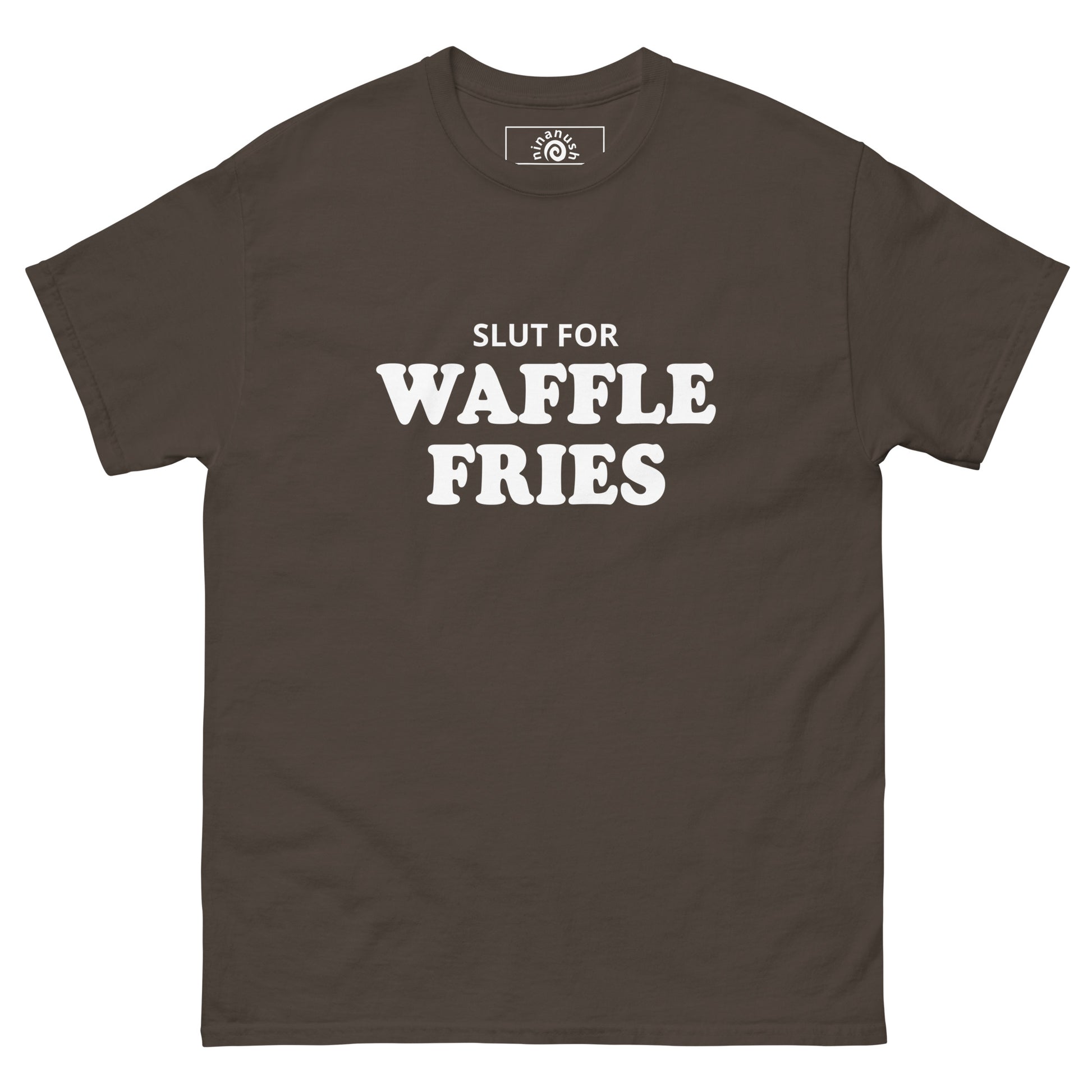 Brown Slut for Waffle Fries T-shirt from Nina's Funky Shop by ninanush - Do you love waffle fries? Looking for a funny foodie gift? Our Waffle Fries T-shirt is soft, comfortable and just what you need. It's a structured unisex t-shirt with "Slut For Waffle Fries", expertly printed on the front. A funny foodie t-shirt for waffle fry enthusiasts and foodies of all kinds. Celebrate your favorite foods in our funky foodie apparel!