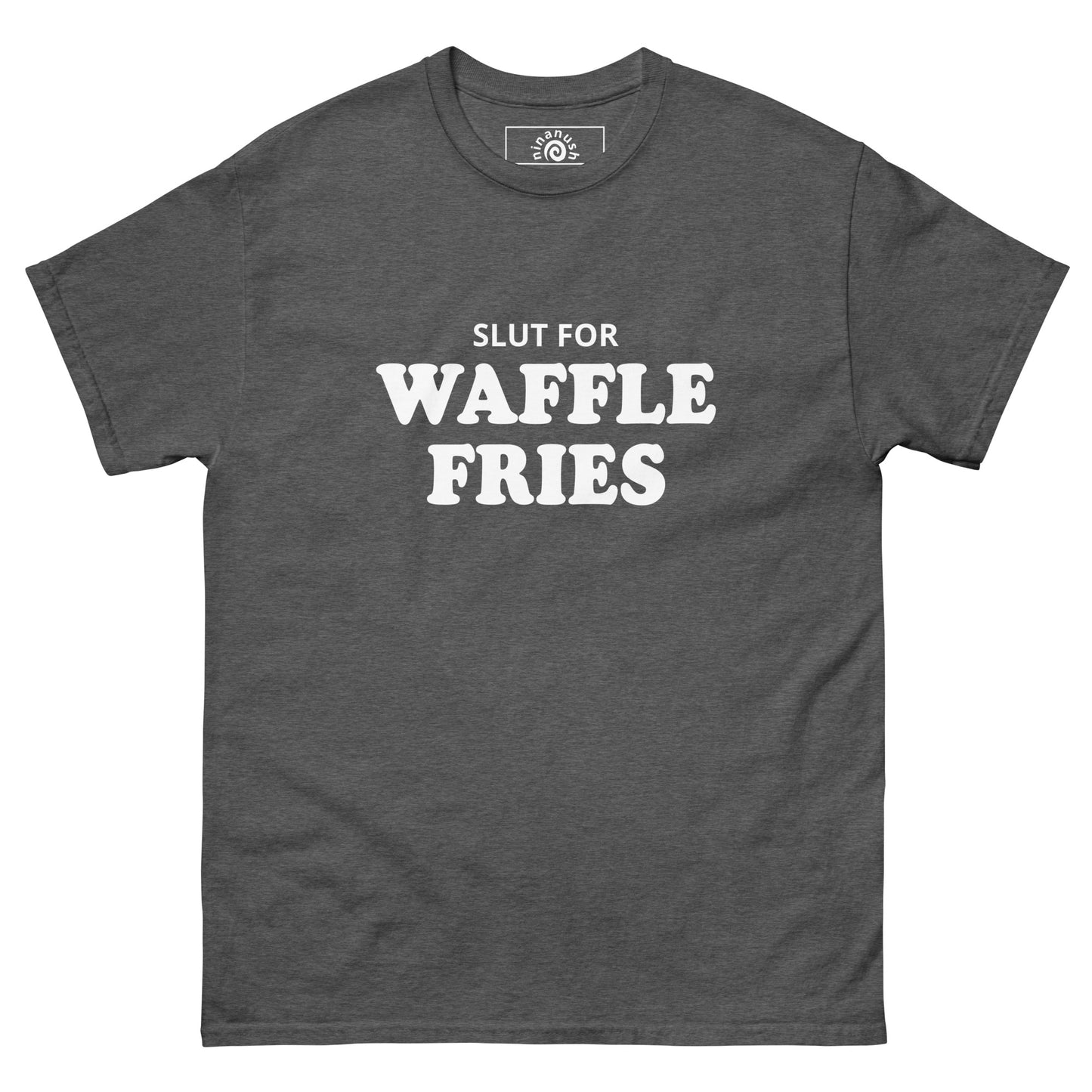 Dark Gray Slut for Waffle Fries T-shirt from Nina's Funky Shop by ninanush - Do you love waffle fries? Looking for a funny foodie gift? Our Waffle Fries T-shirt is soft, comfortable and just what you need. It's a structured unisex t-shirt with "Slut For Waffle Fries", expertly printed on the front. A funny foodie t-shirt for waffle fry enthusiasts and foodies of all kinds. Celebrate your favorite foods in our funky foodie apparel!