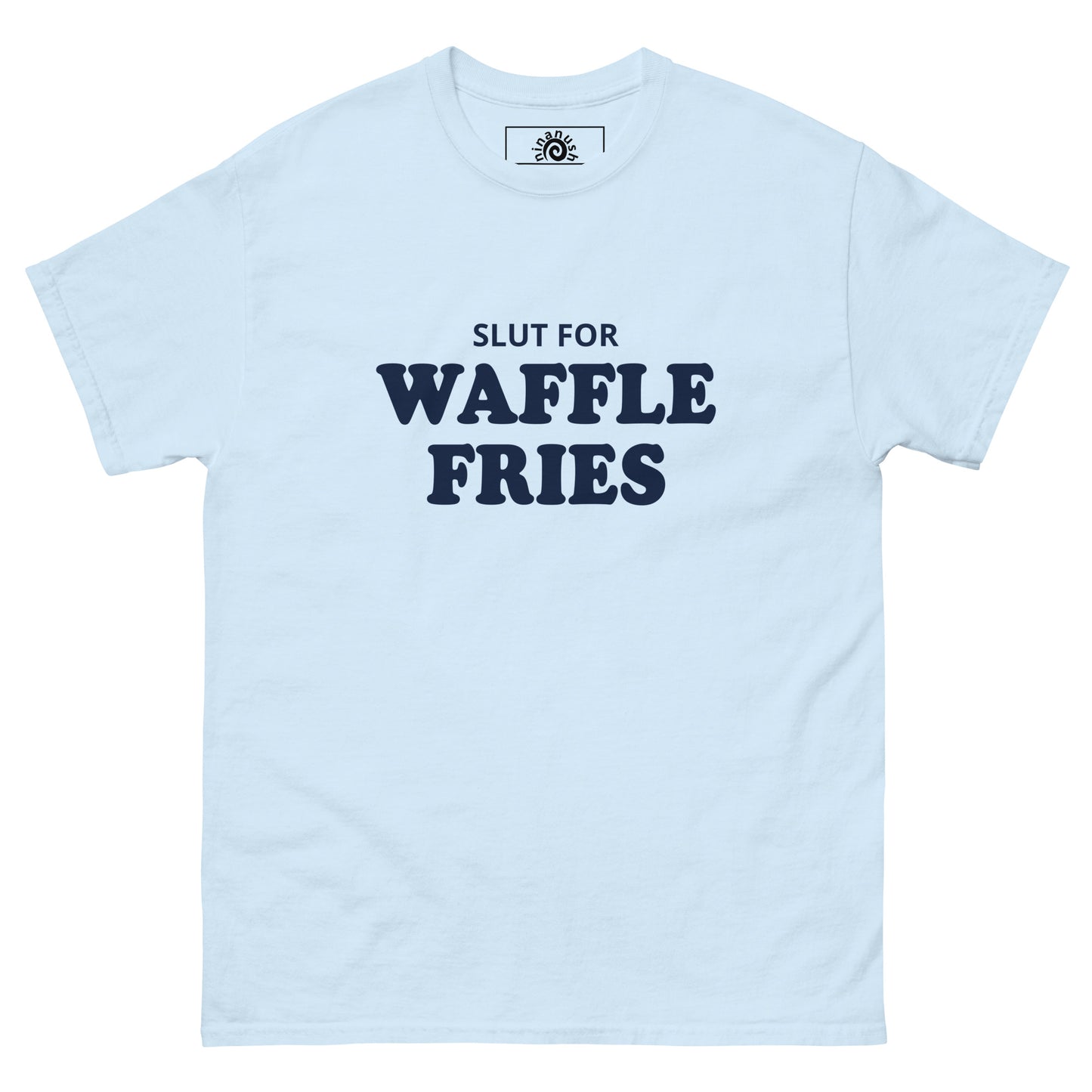 Light Blue Slut for Waffle Fries T-shirt from Nina's Funky Shop by ninanush - Do you love waffle fries? Looking for a funny foodie gift? Our Waffle Fries T-shirt is soft, comfortable and just what you need. It's a structured unisex t-shirt with "Slut For Waffle Fries", expertly printed on the front. A funny foodie t-shirt for waffle fry enthusiasts and foodies of all kinds. Celebrate your favorite foods in our funky foodie apparel!