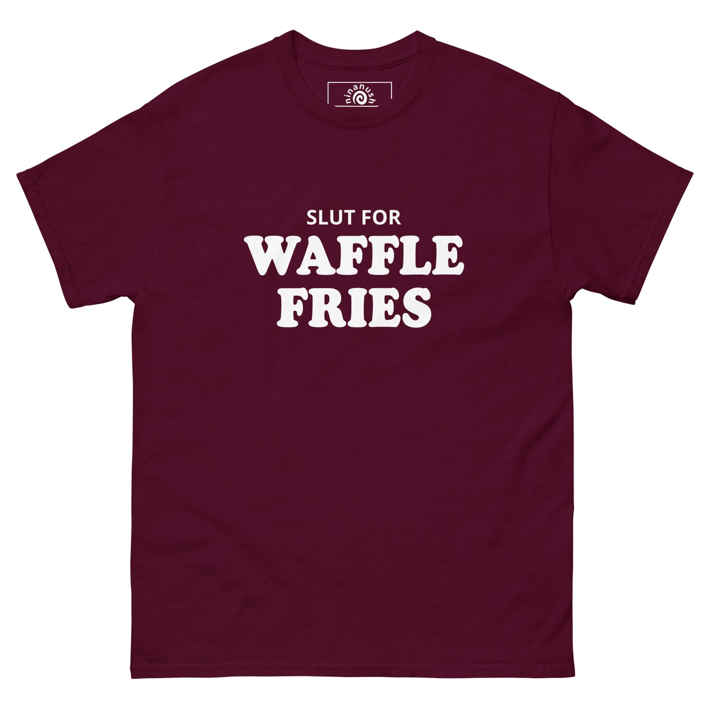 Maroon Slut for Waffle Fries T-shirt from Nina's Funky Shop by ninanush - Do you love waffle fries? Looking for a funny foodie gift? Our Waffle Fries T-shirt is soft, comfortable and just what you need. It's a structured unisex t-shirt with "Slut For Waffle Fries", expertly printed on the front. A funny foodie t-shirt for waffle fry enthusiasts and foodies of all kinds. Celebrate your favorite foods in our funky foodie apparel!