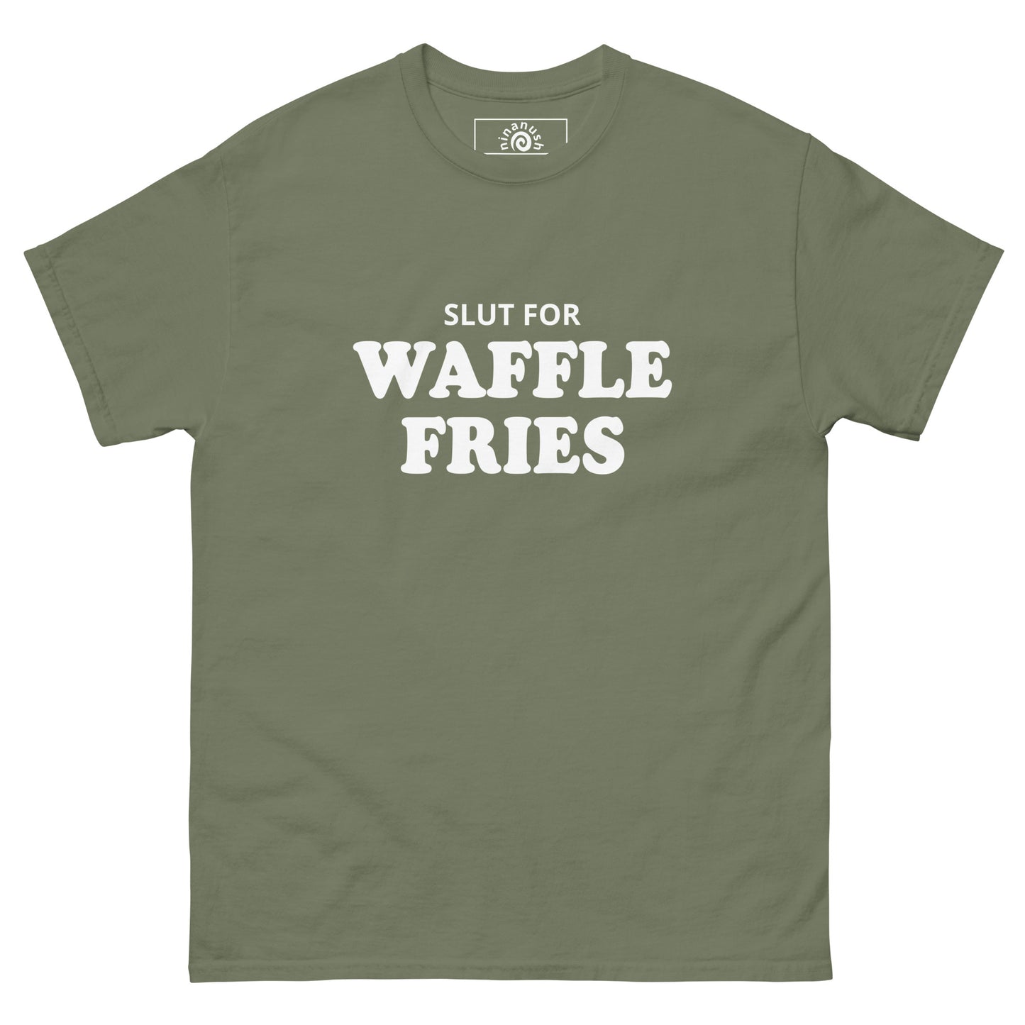 Army Green Slut for Waffle Fries T-shirt from Nina's Funky Shop by ninanush - Do you love waffle fries? Looking for a funny foodie gift? Our Waffle Fries T-shirt is soft, comfortable and just what you need. It's a structured unisex t-shirt with "Slut For Waffle Fries", expertly printed on the front. A funny foodie t-shirt for waffle fry enthusiasts and foodies of all kinds. Celebrate your favorite foods in our funky foodie apparel!