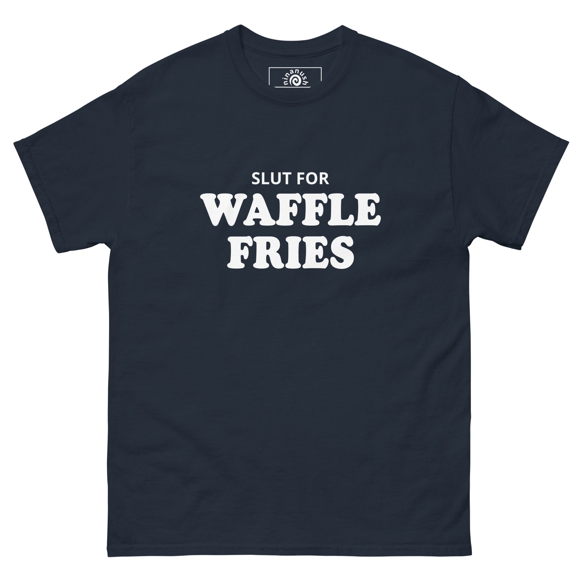 Navy Slut for Waffle Fries T-shirt from Nina's Funky Shop by ninanush - Do you love waffle fries? Looking for a funny foodie gift? Our Waffle Fries T-shirt is soft, comfortable and just what you need. It's a structured unisex t-shirt with "Slut For Waffle Fries", expertly printed on the front. A funny foodie t-shirt for waffle fry enthusiasts and foodies of all kinds. Celebrate your favorite foods in our funky foodie apparel!