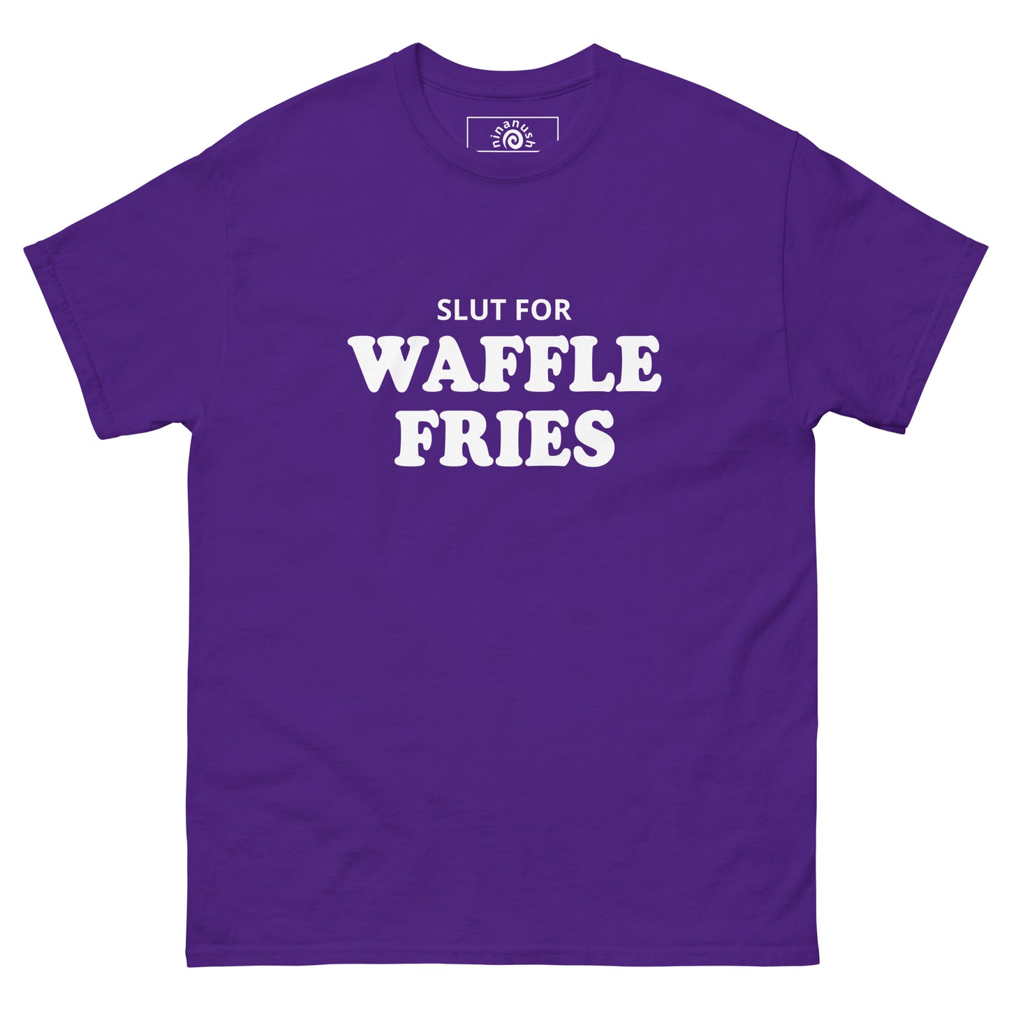 Purple Slut for Waffle Fries T-shirt from Nina's Funky Shop by ninanush - Do you love waffle fries? Looking for a funny foodie gift? Our Waffle Fries T-shirt is soft, comfortable and just what you need. It's a structured unisex t-shirt with "Slut For Waffle Fries", expertly printed on the front. A funny foodie t-shirt for waffle fry enthusiasts and foodies of all kinds. Celebrate your favorite foods in our funky foodie apparel!