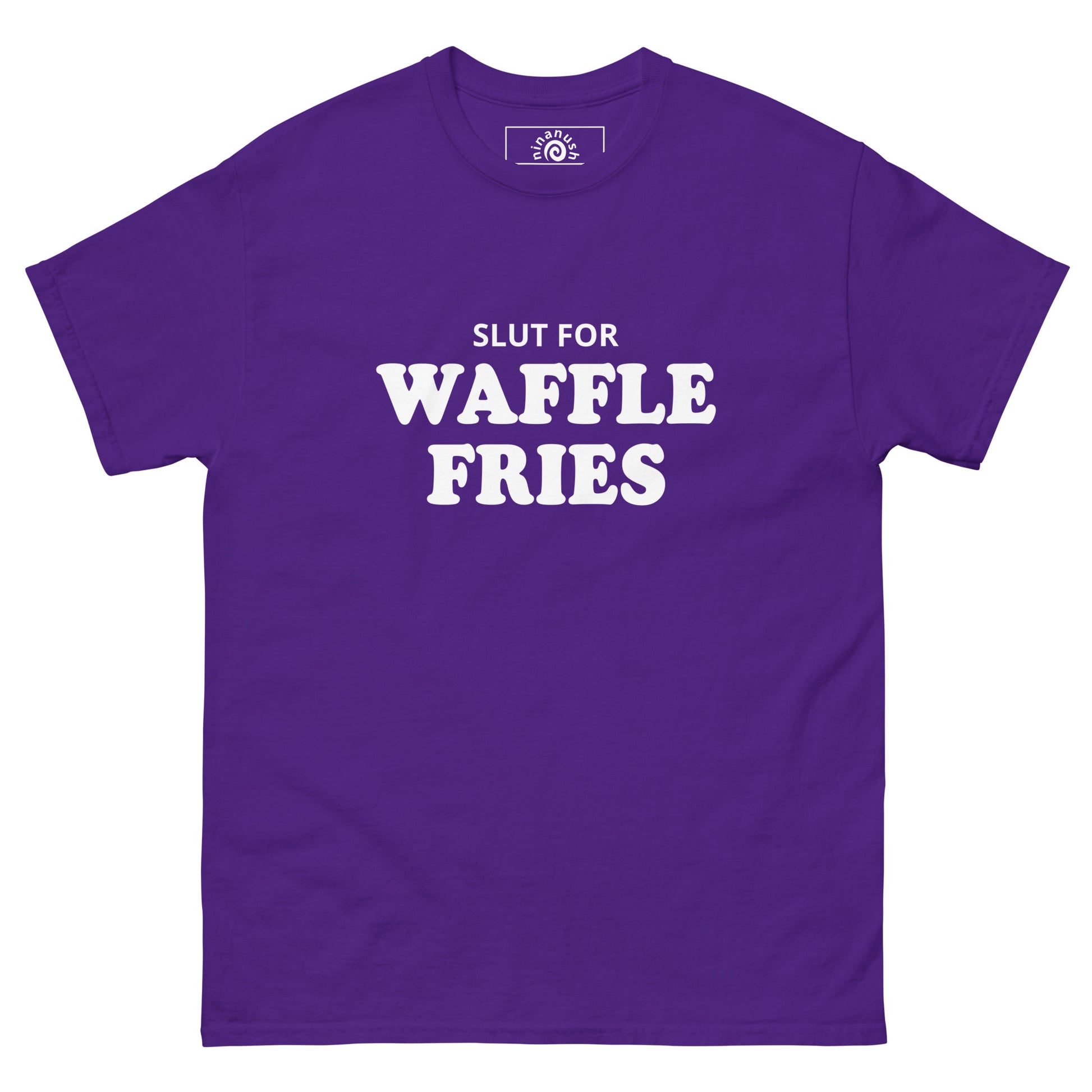 Purple Slut for Waffle Fries T-shirt from Nina's Funky Shop by ninanush - Do you love waffle fries? Looking for a funny foodie gift? Our Waffle Fries T-shirt is soft, comfortable and just what you need. It's a structured unisex t-shirt with "Slut For Waffle Fries", expertly printed on the front. A funny foodie t-shirt for waffle fry enthusiasts and foodies of all kinds. Celebrate your favorite foods in our funky foodie apparel!