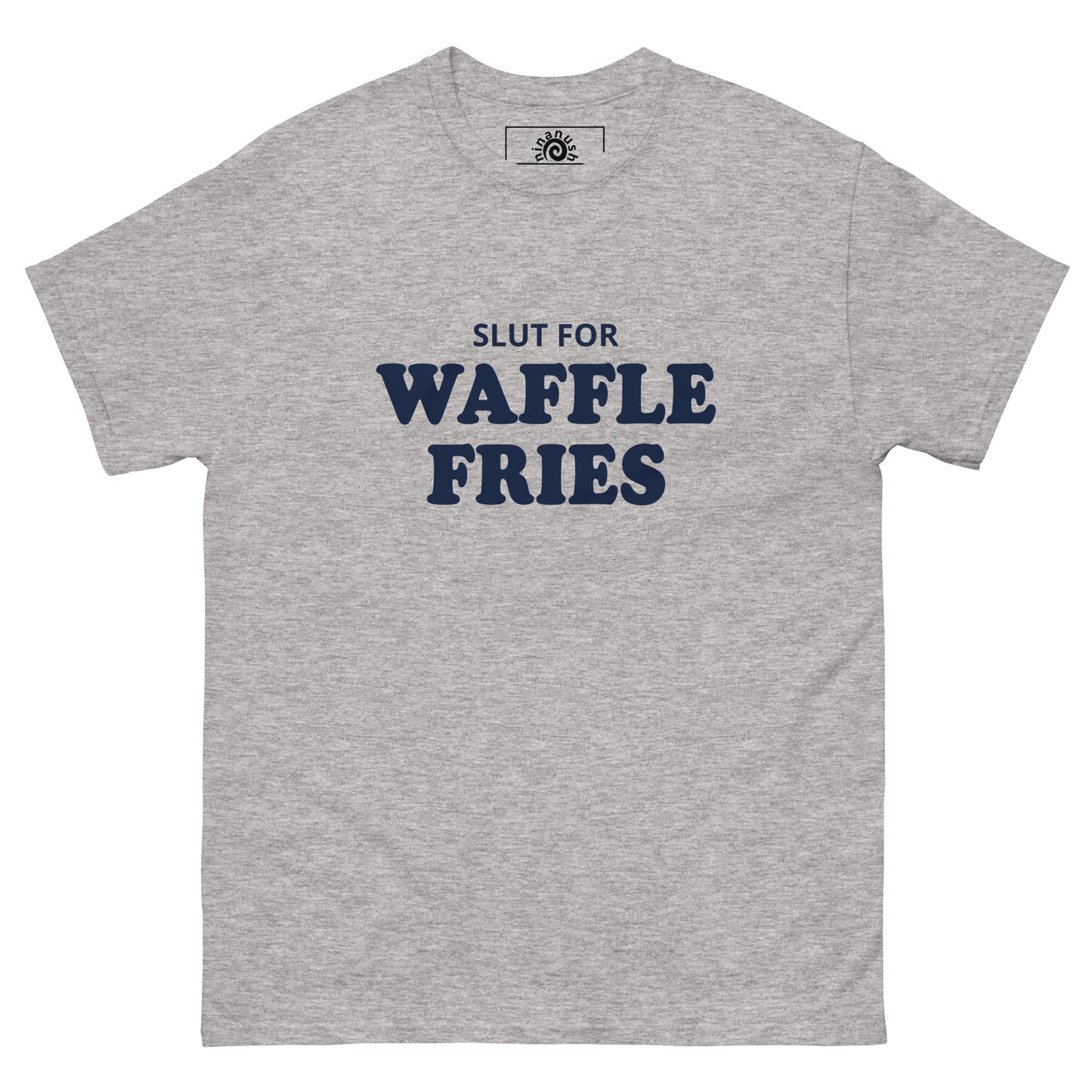 Light Gray Slut for Waffle Fries T-shirt from Nina's Funky Shop by ninanush - Do you love waffle fries? Looking for a funny foodie gift? Our Waffle Fries T-shirt is soft, comfortable and just what you need. It's a structured unisex t-shirt with "Slut For Waffle Fries", expertly printed on the front. A funny foodie t-shirt for waffle fry enthusiasts and foodies of all kinds. Celebrate your favorite foods in our funky foodie apparel!