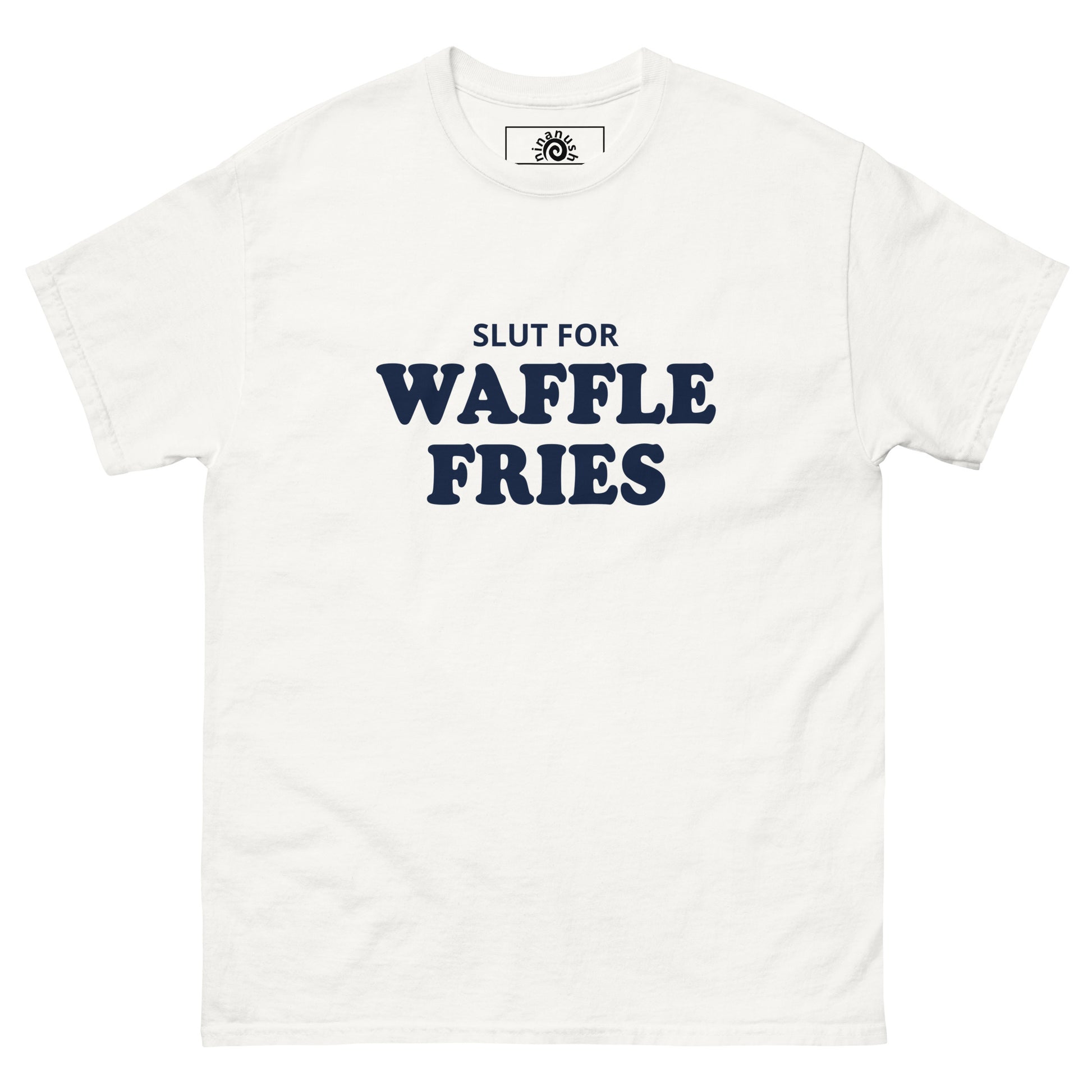 White Slut for Waffle Fries T-shirt from Nina's Funky Shop by ninanush - Do you love waffle fries? Looking for a funny foodie gift? Our Waffle Fries T-shirt is soft, comfortable and just what you need. It's a structured unisex t-shirt with "Slut For Waffle Fries", expertly printed on the front. A funny foodie t-shirt for waffle fry enthusiasts and foodies of all kinds. Celebrate your favorite foods in our funky foodie apparel!