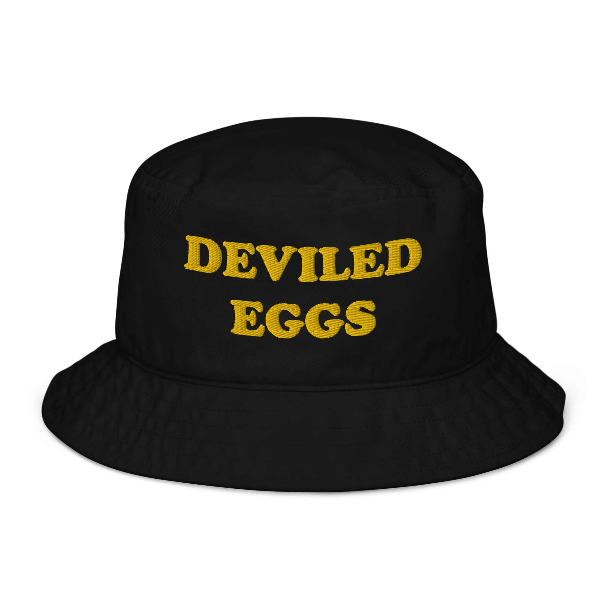 Black embroidered bucket hat for foodies - This deviled eggs bucket hat is made of organic cotton and comes in a variety of trendy colors with yellow embroidery. It's a weird statement hat for deviled egg lovers and foodies. Eat deviled eggs in style, add individuality to your basics, or give it as a weird summer gift. It's the perfect funny bucket hat for foodies