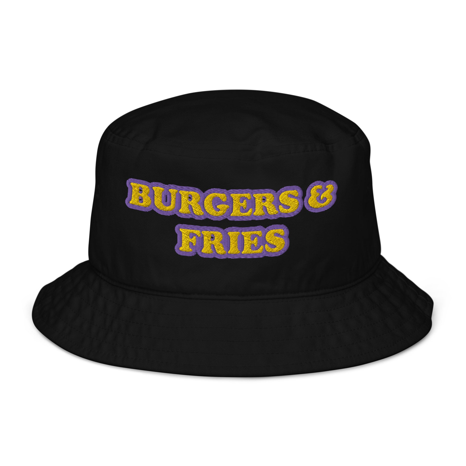 Black foodie bucket hat with funky purple and yellow embroidery - This Burgers & Fries Eco Friendly Bucket Hat is the perfect funny foodie accessory for any burger-lover. With a mix of weird and trendy, this funky hat is made from organic cotton, it's comfortable, stylish and made just for you. Wear it as an everyday funny summer hat or give it as a weird gift for burger enthusiasts.