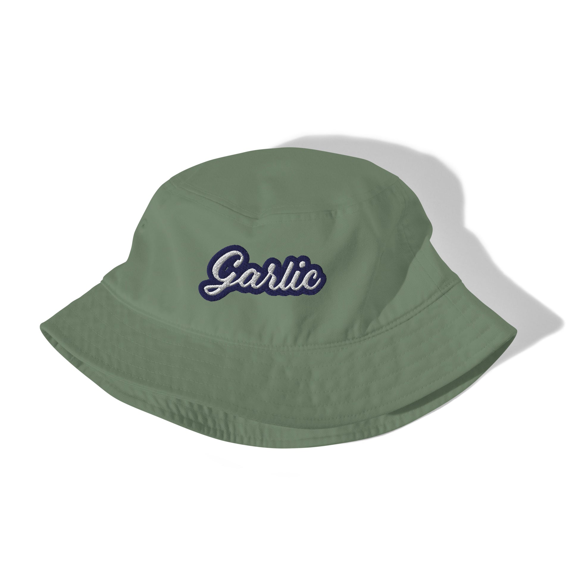 Funny green bucket hat for garlic lovers - The funny foodie bucket hat! Made from organic cotton and featuring unique embroidery, this trendy foodie bucket hat is a must-have for garlic enthusiasts. Celebrate your individuality while making a bold statement about your passion for garlic. Eat garlic in style and turn heads with this perfect hat for all garlic lovers!