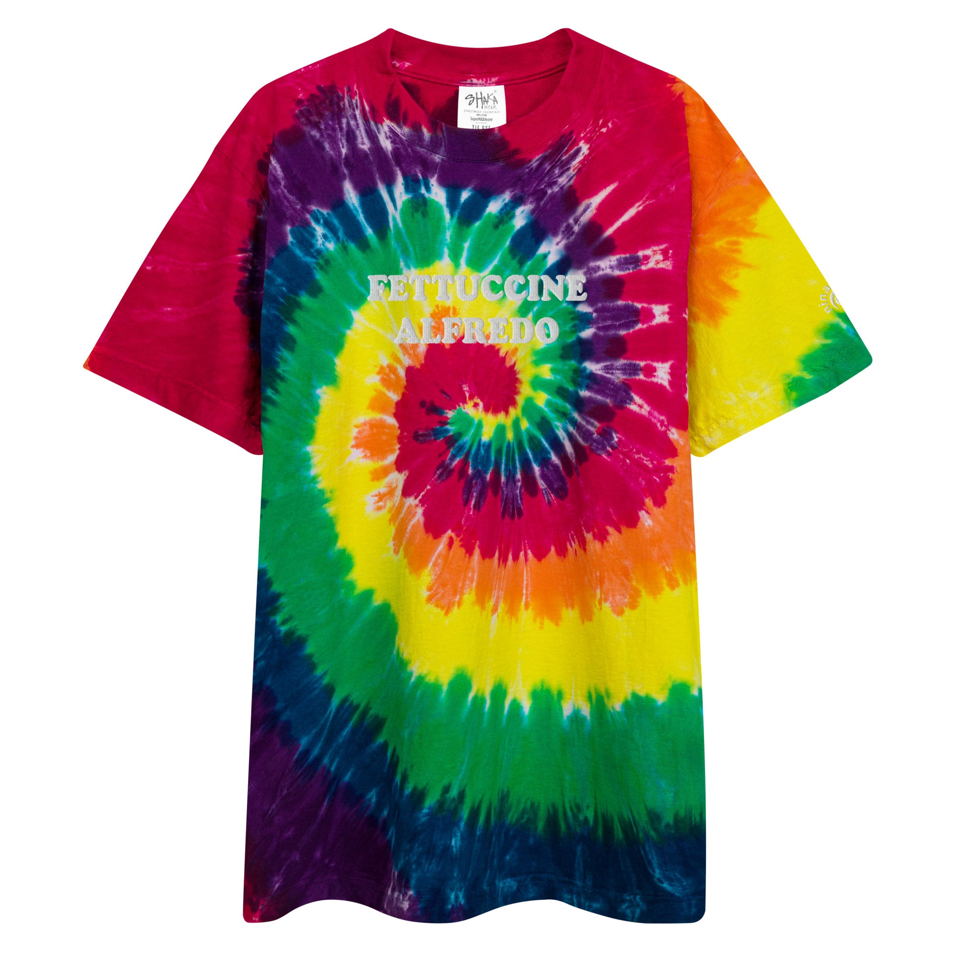 Bright Tie Dye Fettuccine Alfredo T-Shirt - Love fettuccine Alfredo? Looking for a funny pasta t-shirt? Our Fettuccine Alfredo T-Shirt is just what you need. This tie dye t-shirt is perfect for everyday streetwear or a gift for a pasta enthusiast.