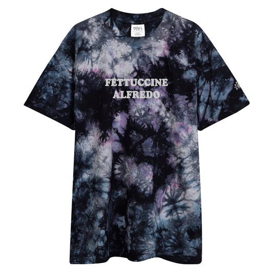 Black, Purple, Blue Tie Dye Fettuccine Alfredo T-Shirt - Love fettuccine Alfredo? Looking for a funny pasta t-shirt? Our Fettuccine Alfredo T-Shirt is just what you need. This tie dye t-shirt is perfect for everyday streetwear or a gift for a pasta enthusiast. 