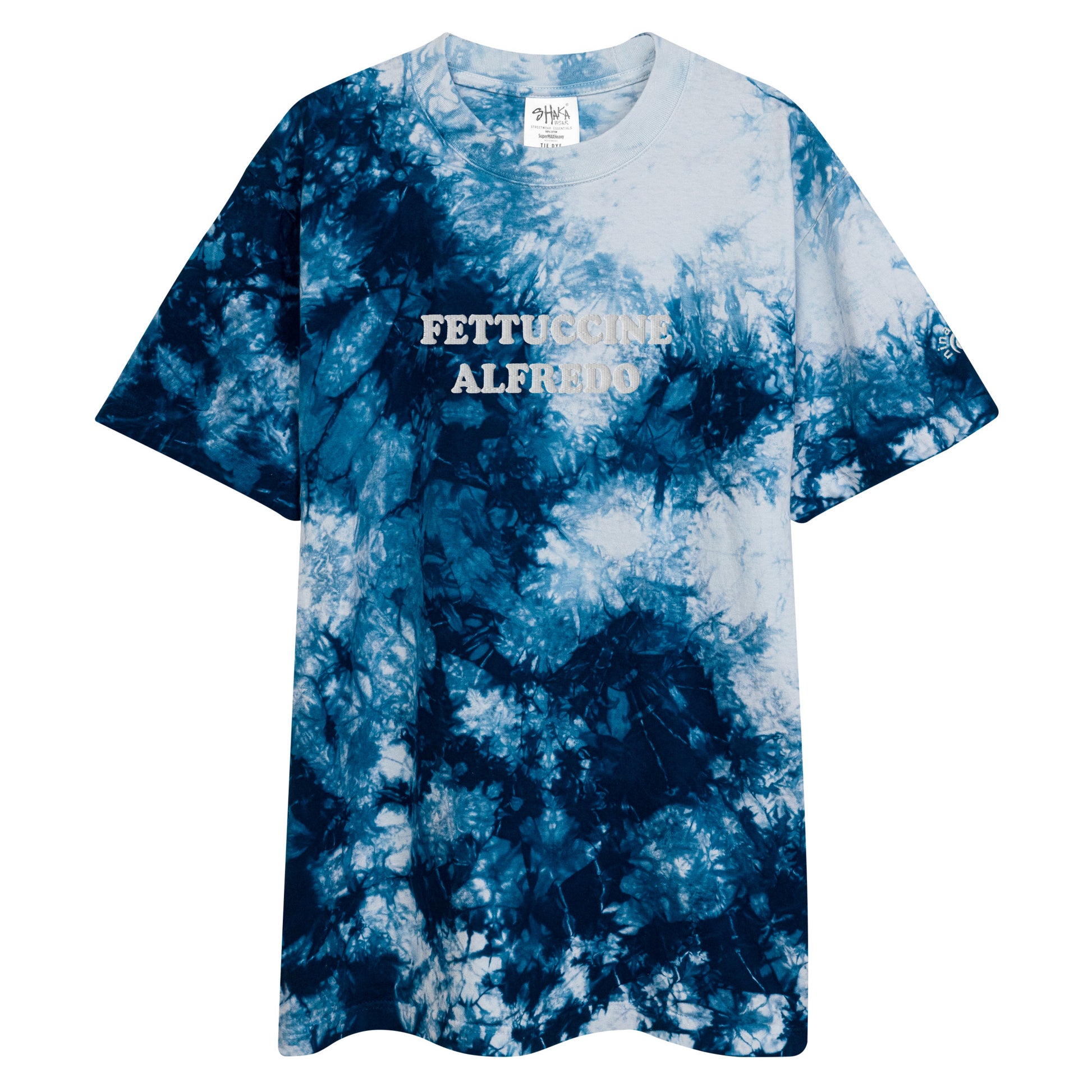 Blue Tie Dye Fettuccine Alfredo T-Shirt - Love fettuccine Alfredo? Looking for a funny pasta t-shirt? Our Fettuccine Alfredo T-Shirt is just what you need. This tie dye t-shirt is perfect for everyday streetwear or a gift for a pasta enthusiast.