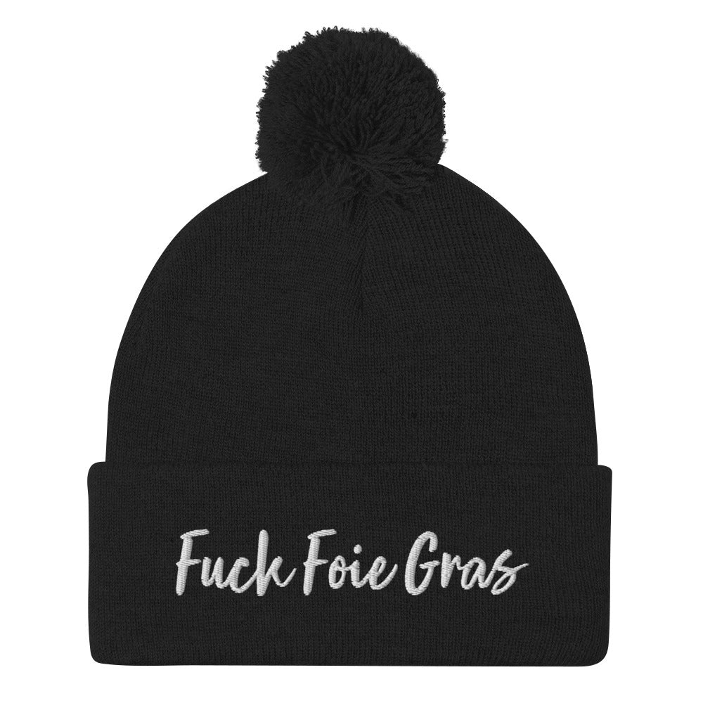 Black Fuck Foie Gras beanie from Nina's Funky Shop by ninanush - Wear this Fuck Foie Gras beanie and bring awareness for the cruel production practices. This activist hat is warm, cozy, and embroidered with the words "Fuck Foie Gras". What is Foie Gras? Foie gras, is a delicacy in French cuisine. It's the liver of a goose or duck that has been fattened through force-feeding.