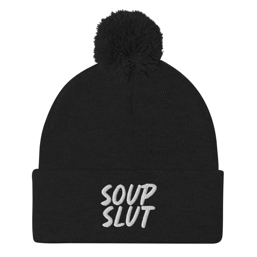 Black Soup Slut Beanie from Nina's Funky Shop by ninanush - Do you love soup? Looking for a fun gift for a foodie? This warm and cozy, embroidered pom pom beanie is just what you need. Celebrate your favorite foods in style with this funny foodie Beanie with "soup slut" expertly embroidered on the front. Perfect for soup lovers and foodies of all kinds.