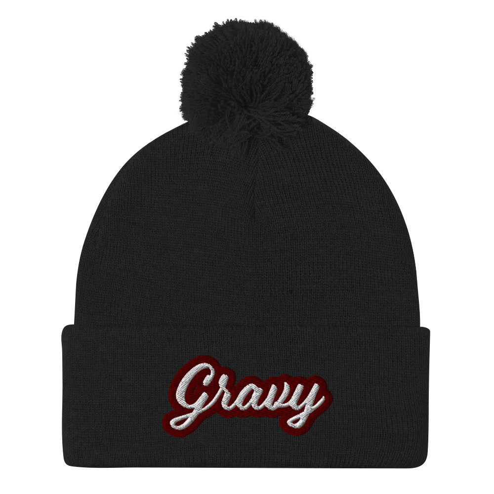 Black Gravy PomPom Beanie from Nina's Funky Shop by Ninanush - Do you love gravy? Looking for a fun foodie gift? This warm and cozy, embroidered pom pom beanie is just what you need. Eat gravy and celebrate your favorite foods in style with this funny foodie Beanie with "Gravy", expertly embroidered on the front. Perfect for gravy lovers and foodies of all kinds.